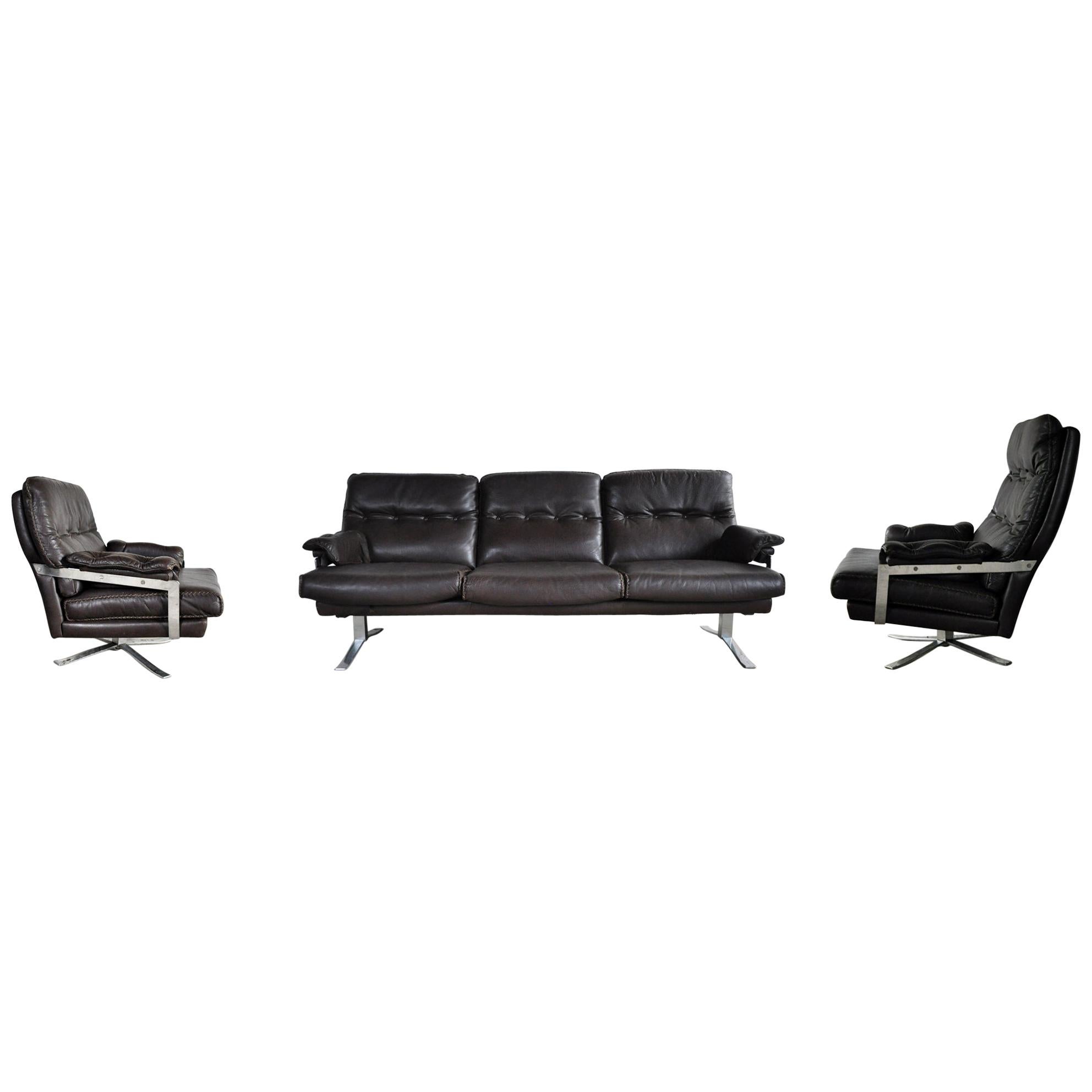 Living Room Set in Dark Brown Leather and Chrome by Arne Norell For Sale