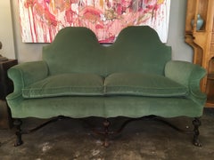 Living Room Set of Two Armchairs and One Sofa Green Velvet, Spain, circa 1920
