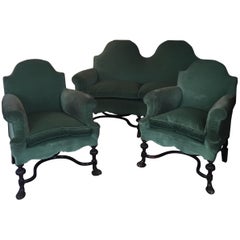 Antique Living Room Set of Two Armchairs and One Sofa Green Velvet, Spain, circa 1920