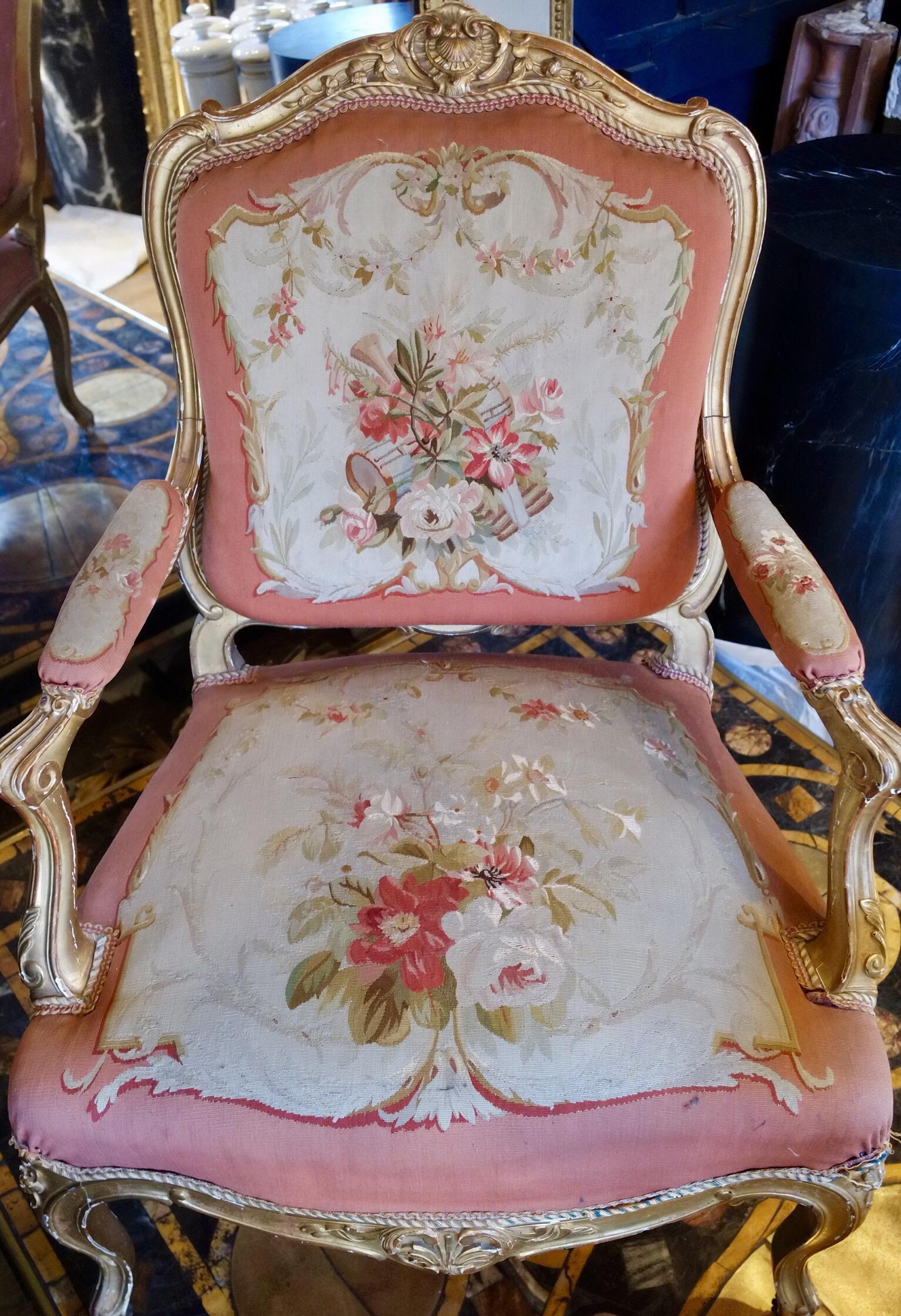 Living Room Set of Two Chairs and Two Armchairs, Aubusson Tapestry, France For Sale 10