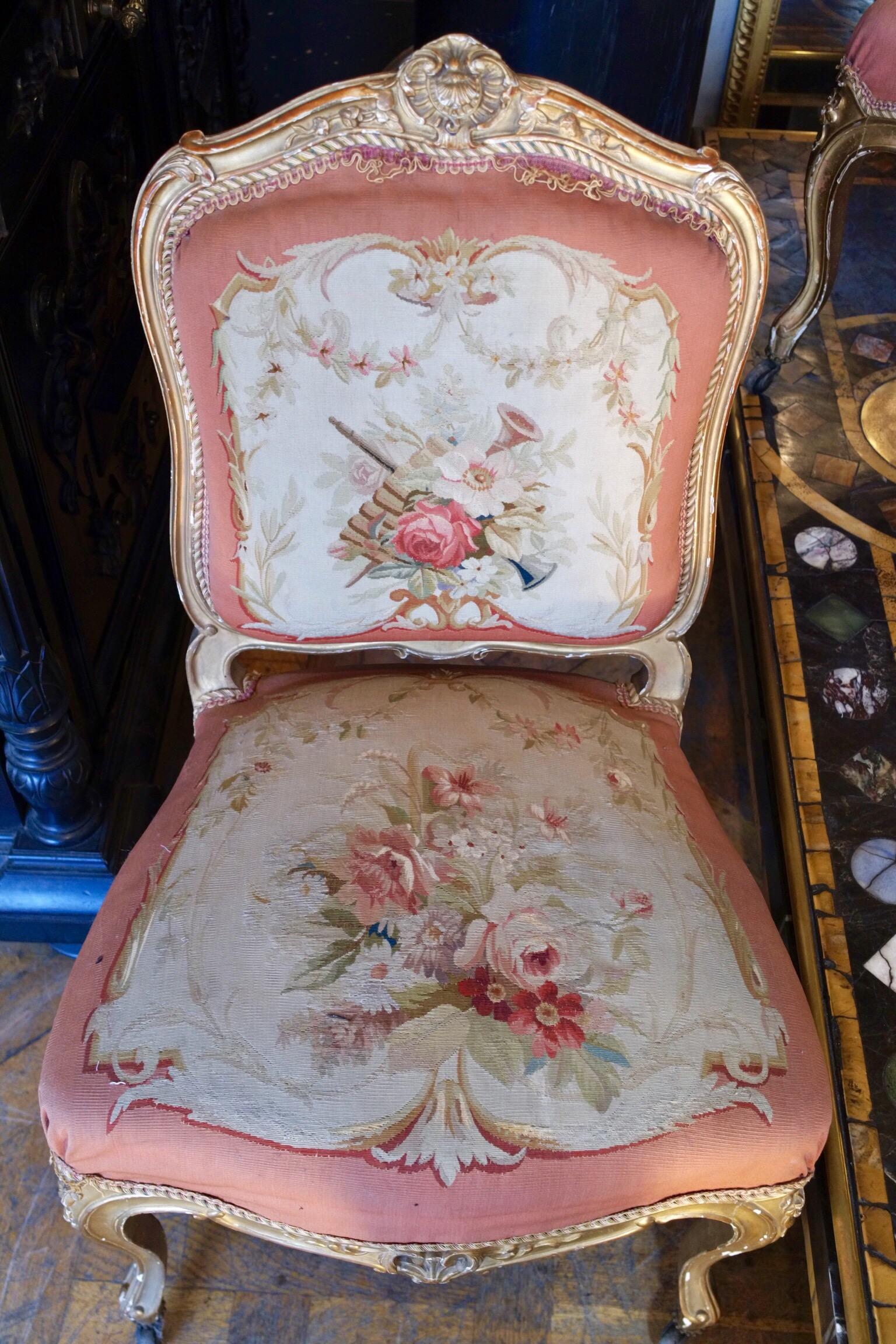 Living Room Set of Two Chairs and Two Armchairs, Aubusson Tapestry, France For Sale 11