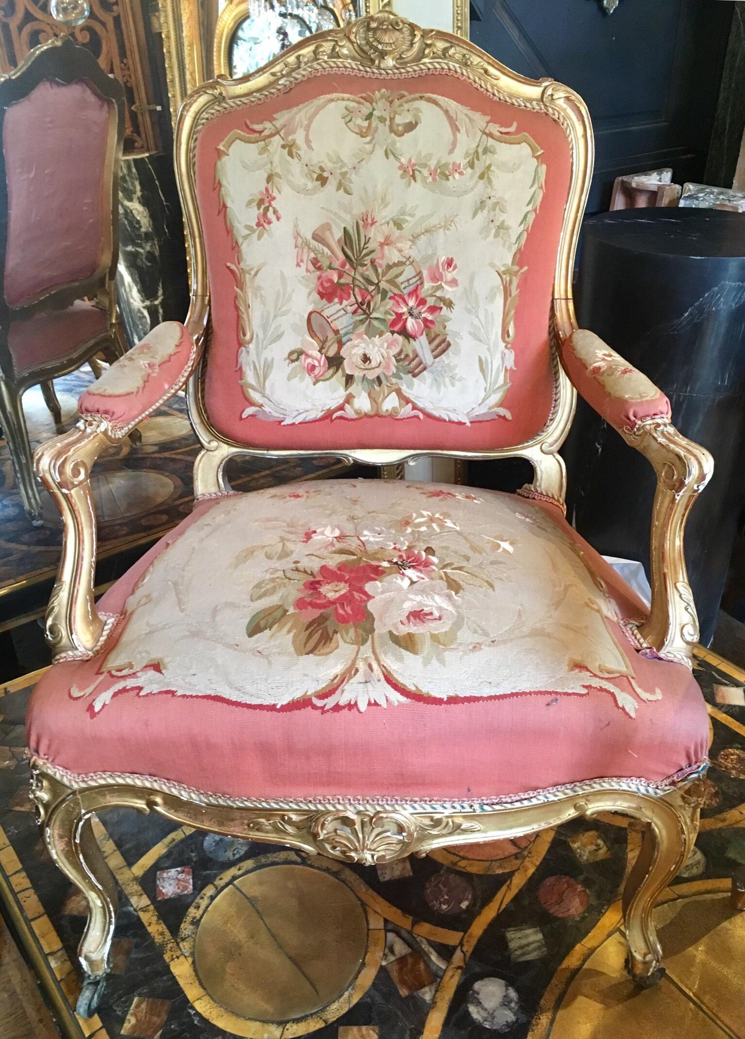 Napoleon III Living Room Set of Two Chairs and Two Armchairs, Aubusson Tapestry, France For Sale