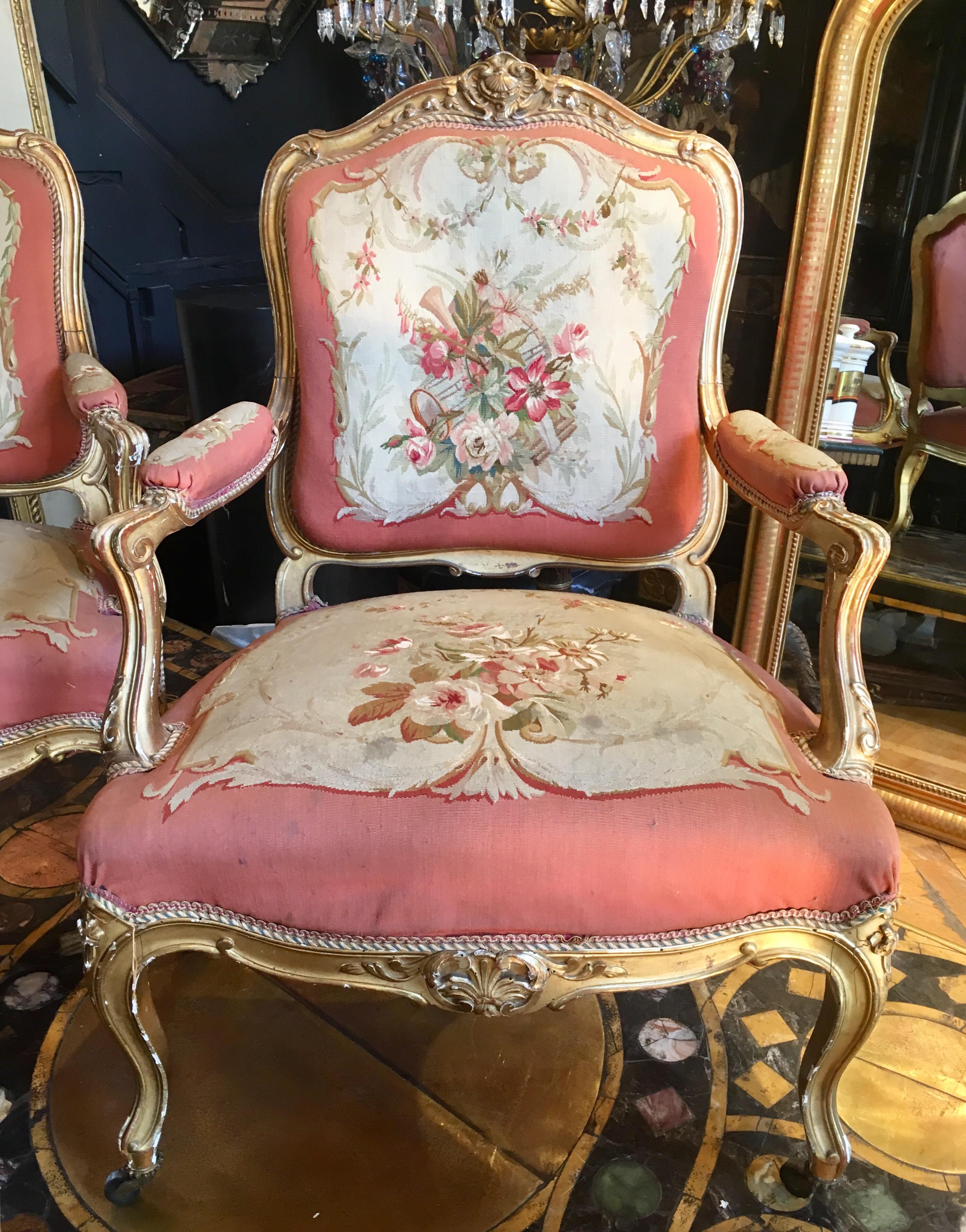 French Living Room Set of Two Chairs and Two Armchairs, Aubusson Tapestry, France For Sale