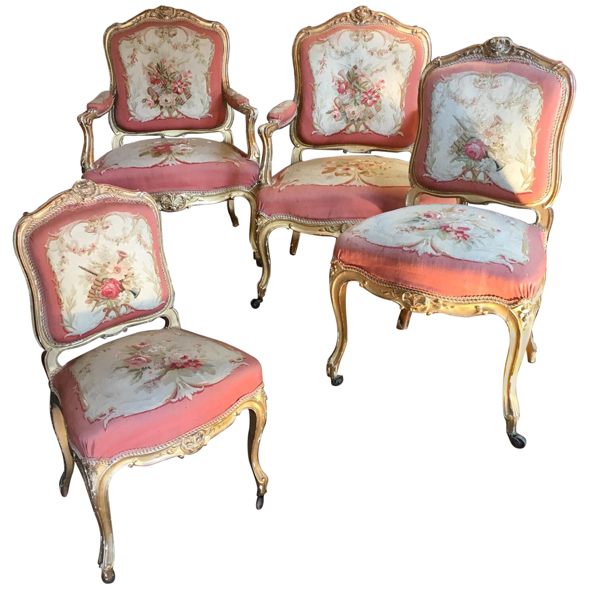Living Room Set of Two Chairs and Two Armchairs, Aubusson Tapestry, France For Sale