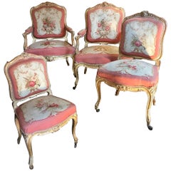 Living Room Set of Two Chairs and Two Armchairs, Aubusson Tapestry, France