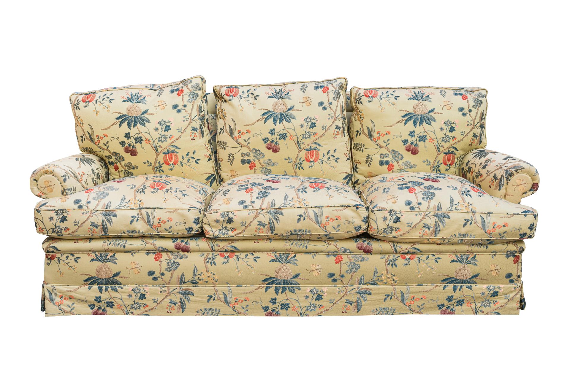 Living Room Set made of one three seat sofa and two armchairs,
Silk fabric decorated with flowers, in perfect condition,
France, circa 1970.

Measures:
(Sofa) Width 205 cm, Depth 88 cm, Height 85 cm.
(Armchairs) Width 88 cm, Depth 85 cm,