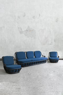 Living Room Set: Sofa + Pair of Armchairs in Dark-Finish Manao Cane, 1980s
