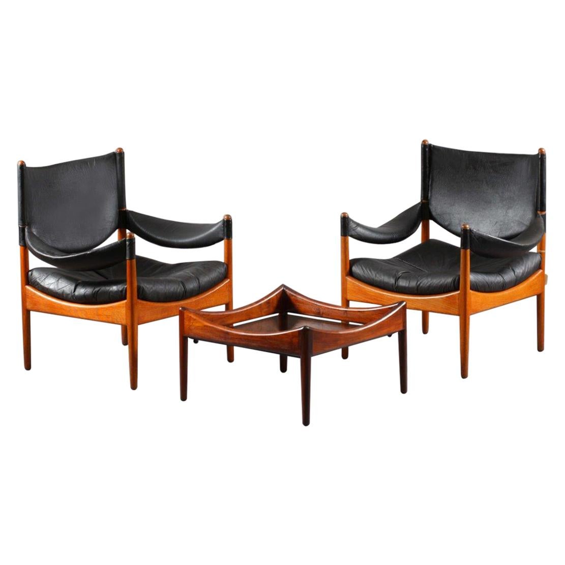 Living Room Set Two Leather Armchairs and Table, Solid Oak, Christian Vedel