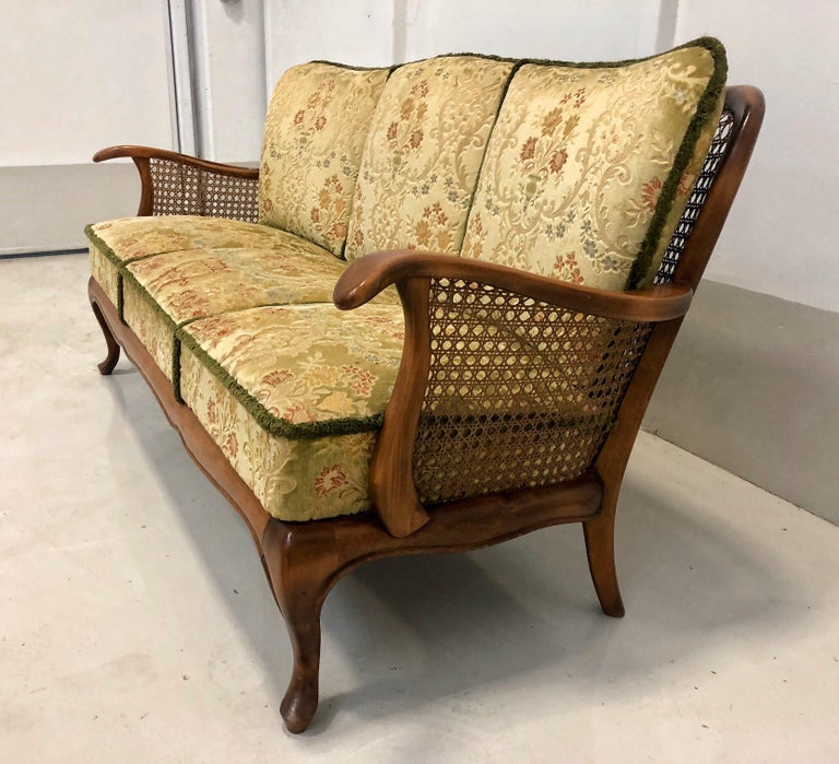 Living Room Velour Hand, Caned Set Sofa and Two Armchairs, Italy For