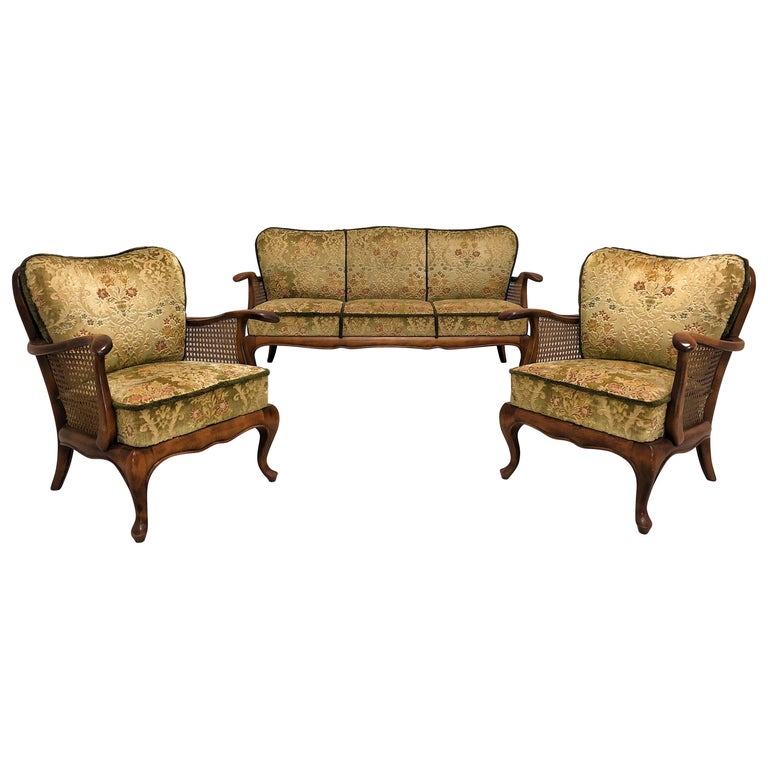 Living Room Velour Hand, Caned Set Sofa and Two Armchairs, Italy For