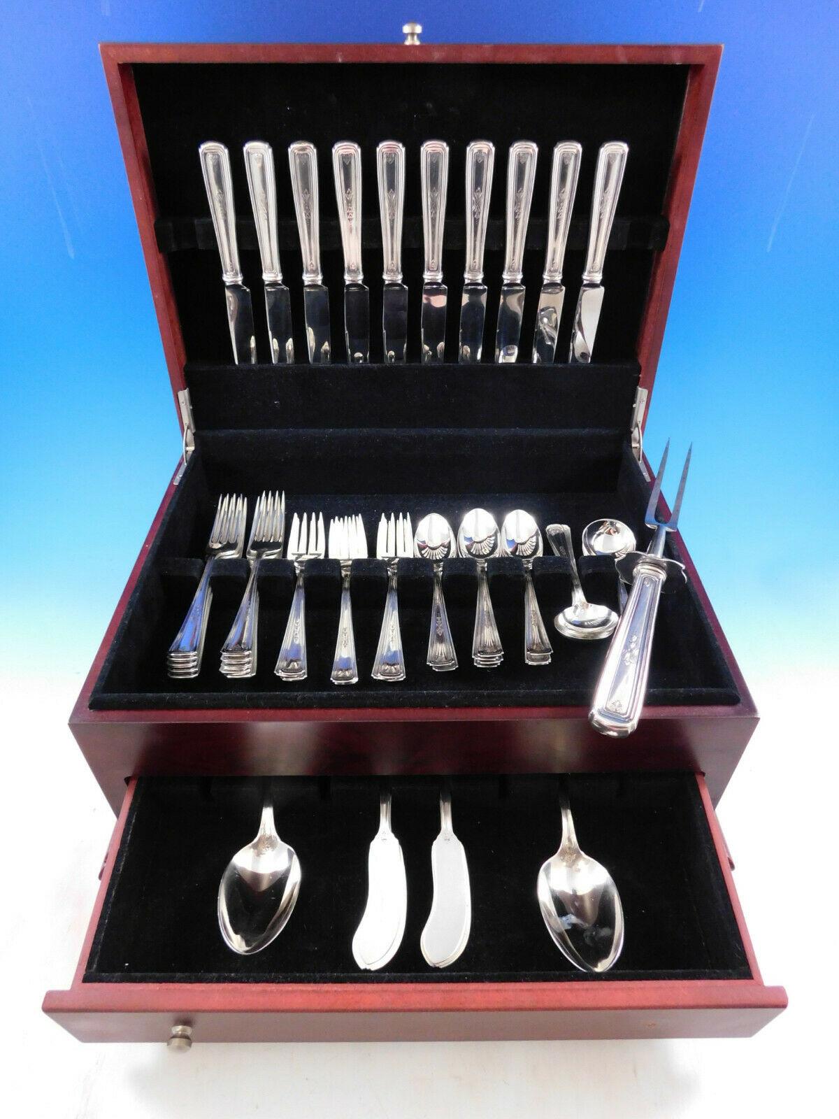 Livingston a engraved by Whiting sterling silver flatware set - 63 pieces. This scarce pattern was introduced in the year 1915. This set includes:

10 knives, 8 1/2