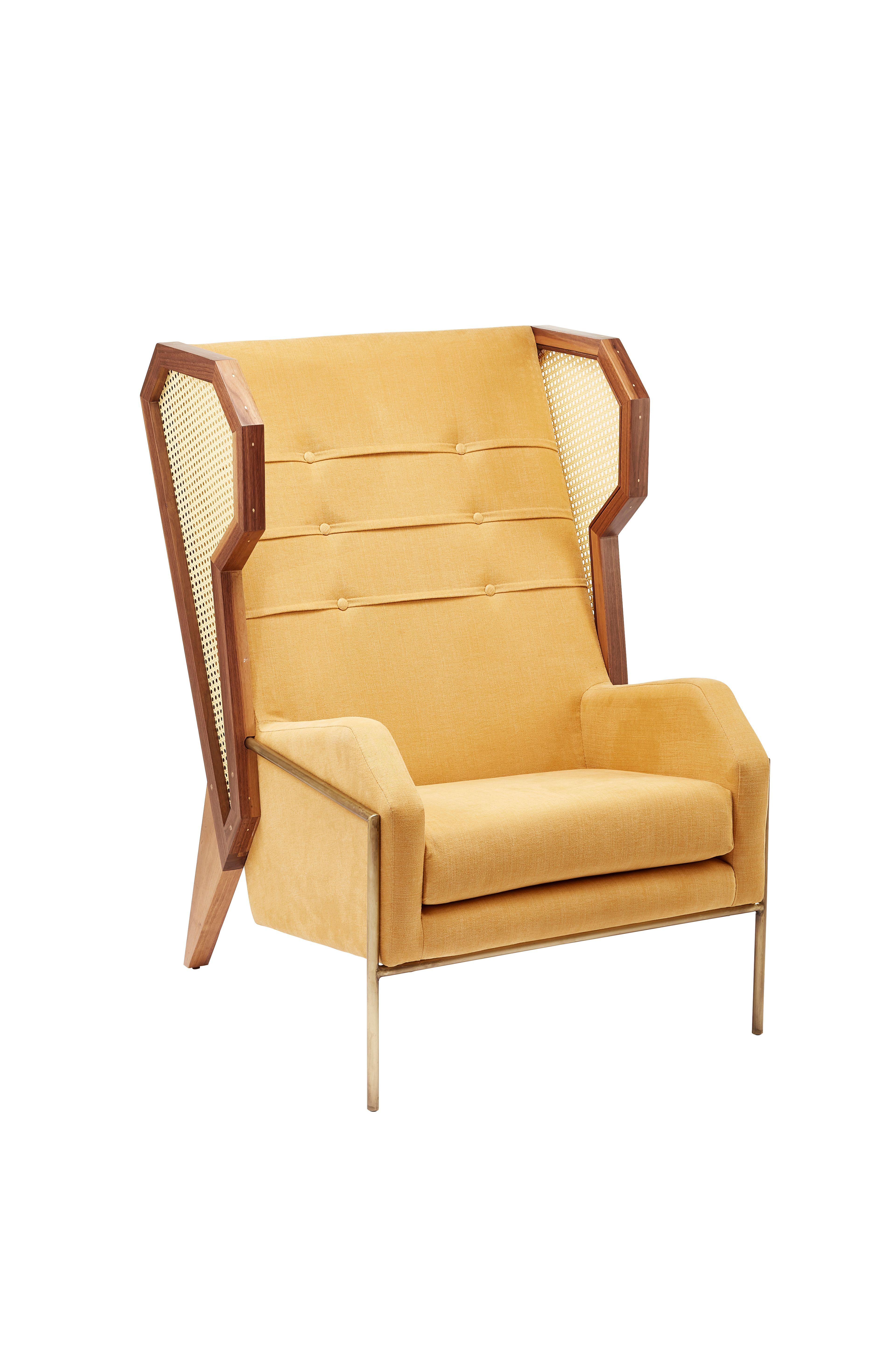 Livingston Wingback by Egg Designs
Dimensions: 73 L X 90 D X 110 H cm
Materials: Walnut Timber, Synthetic Rattan, Linen Upholstery, Bronze Coated Mild Steelwal

Founded by South Africans and life partners, Greg and Roche Dry - Egg is a unique