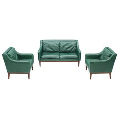 Living Room Set in Green Leather Sofa and Lounge Chairs Italy 1958 Teak