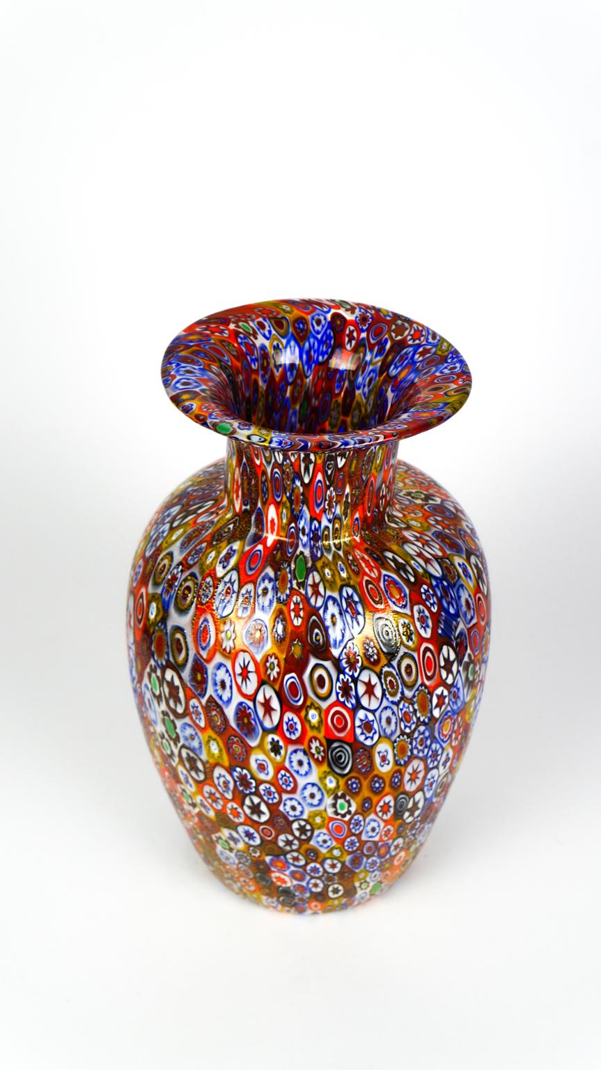 Hand-Crafted Livio Campanella Mid-Century Modern Murrina Millefiori Murano Glass Vase, 1988s For Sale