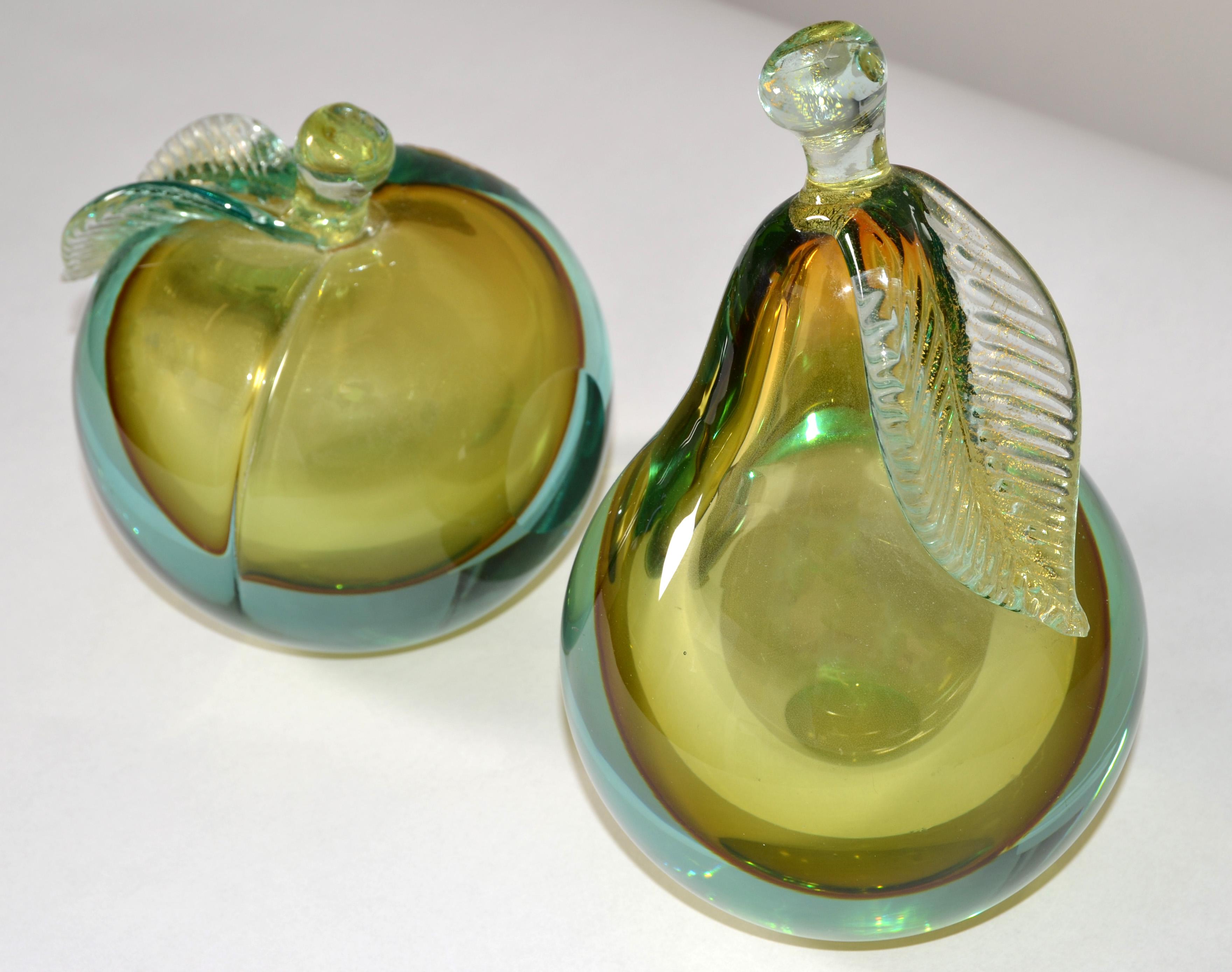 Mid-Century Modern Livio Seguso Genuine Venetian Murano Italy Art Glass Apple and Pear Bookends 60s For Sale