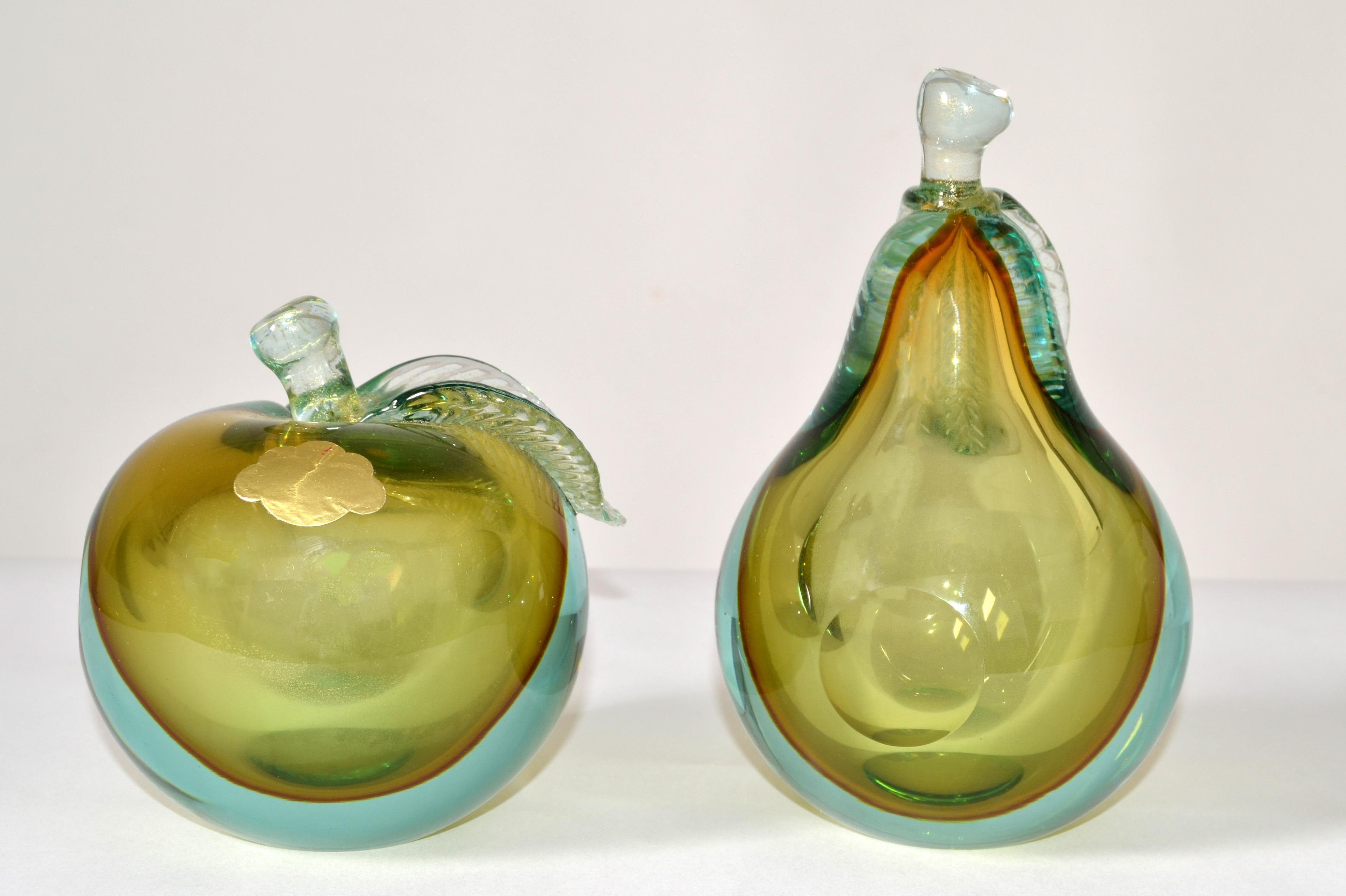 Italian Livio Seguso Genuine Venetian Murano Italy Art Glass Apple and Pear Bookends 60s For Sale