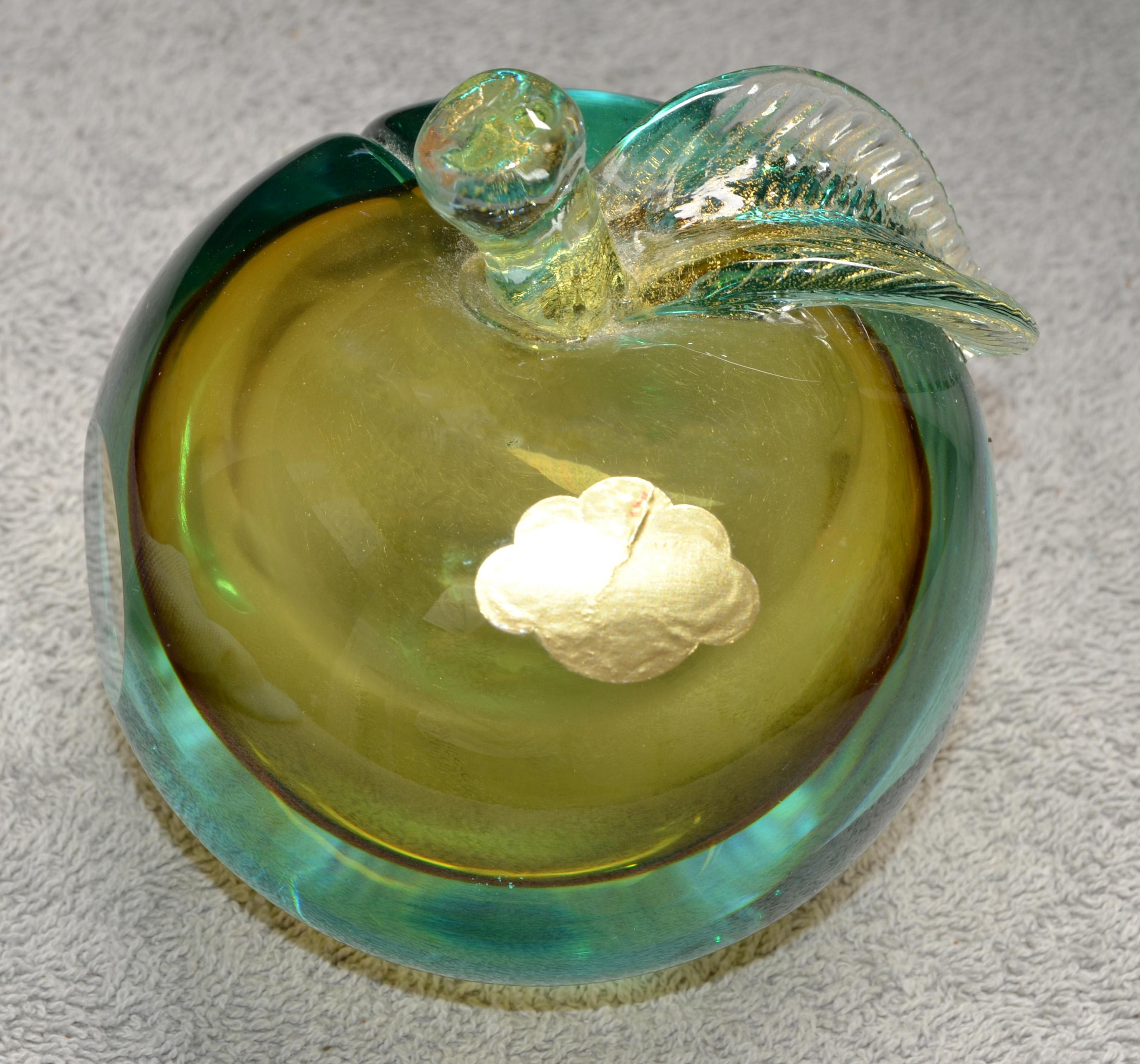 Gold Livio Seguso Genuine Venetian Murano Italy Art Glass Apple and Pear Bookends 60s For Sale