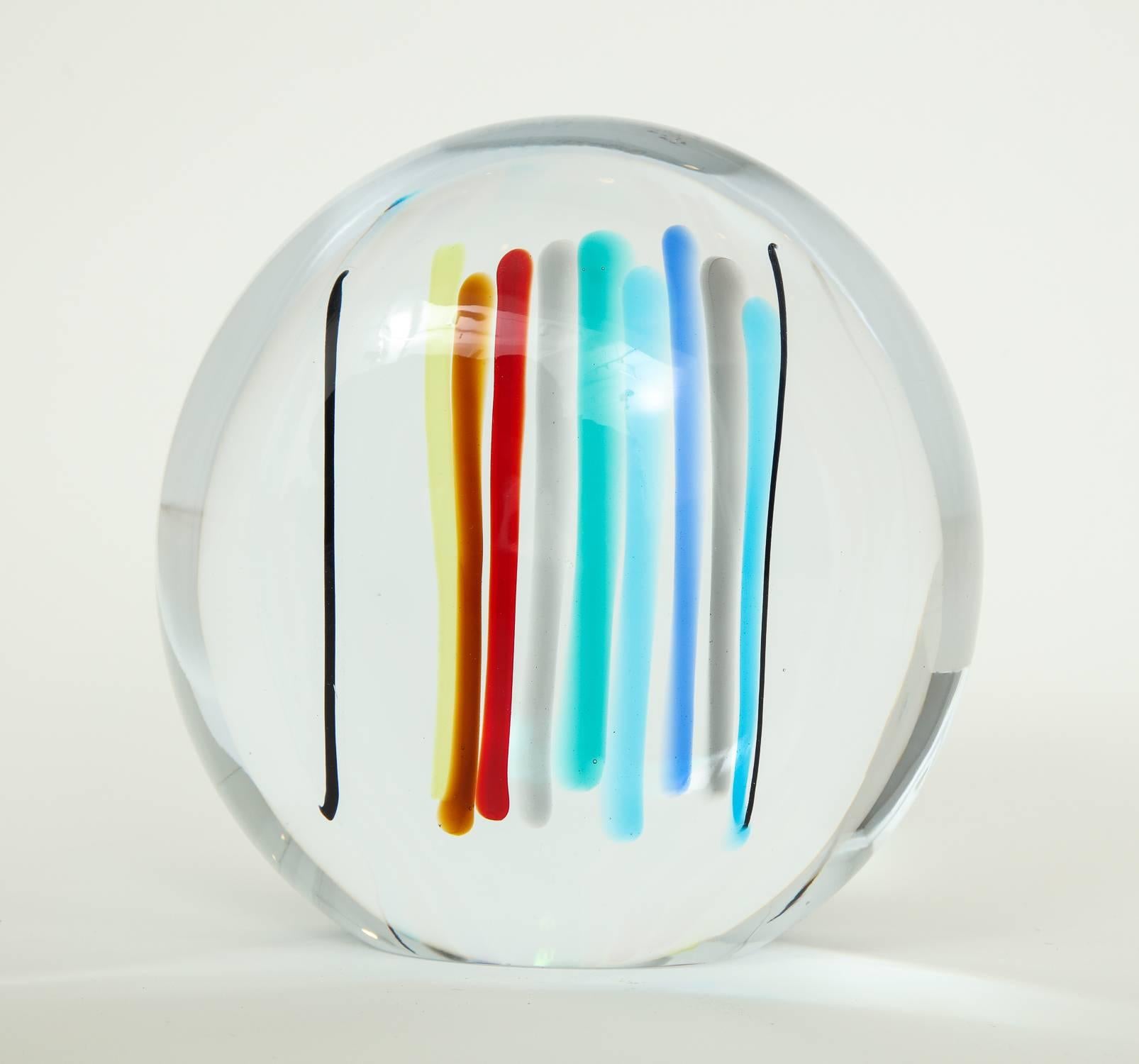 Lozenge shaped glass sculpture with vertical multicolor bands of color inside a clear matrix. A Livio Seguso design for Seguso Arte Vetri, circa 1980s. Incised signature 
