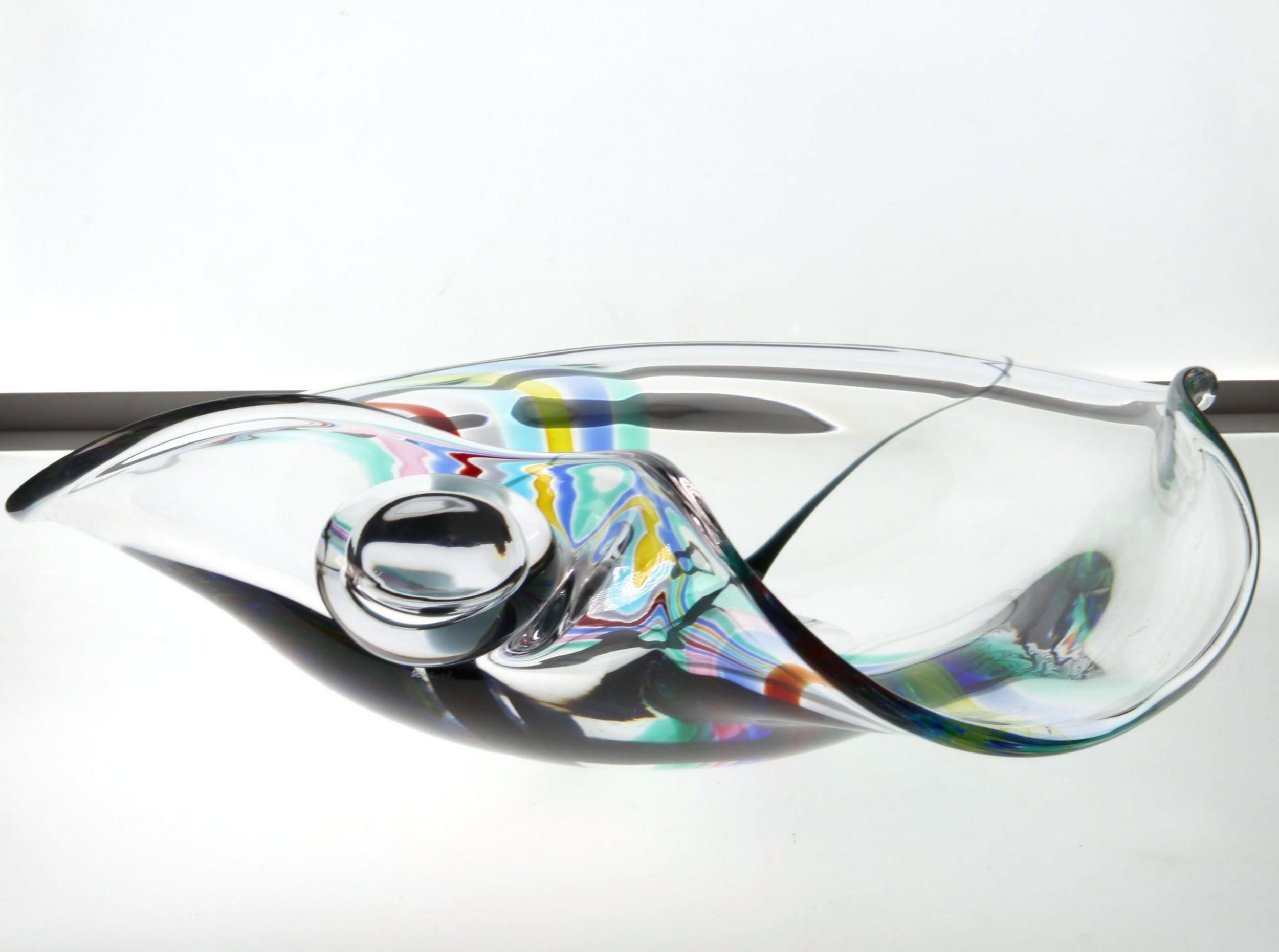 Livio Seguso, Heavy Murano Glass Bowl, Rainbow Design and Glass Orb, 80s Signed For Sale 3