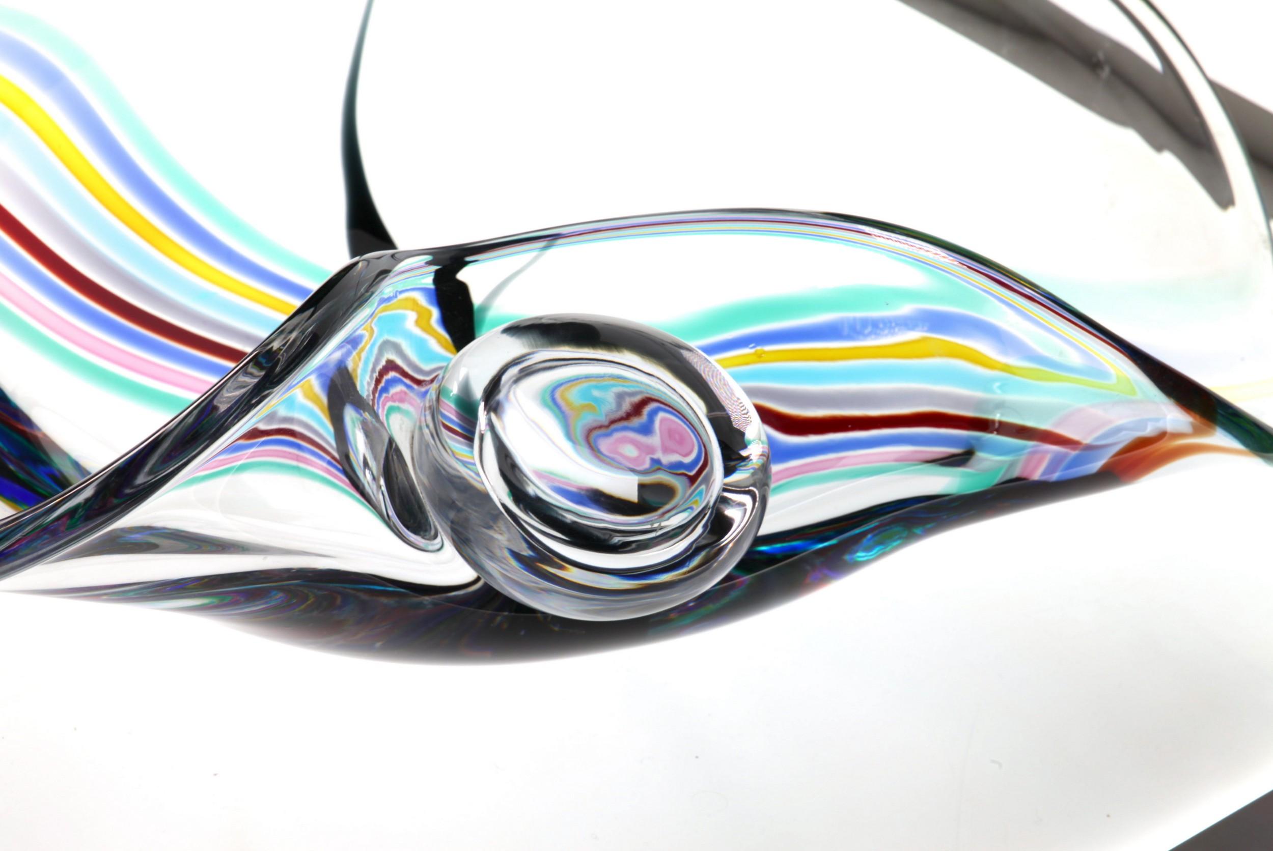 Livio Seguso, Heavy Murano Glass Bowl, Rainbow Design and Glass Orb, 80s Signed For Sale 6