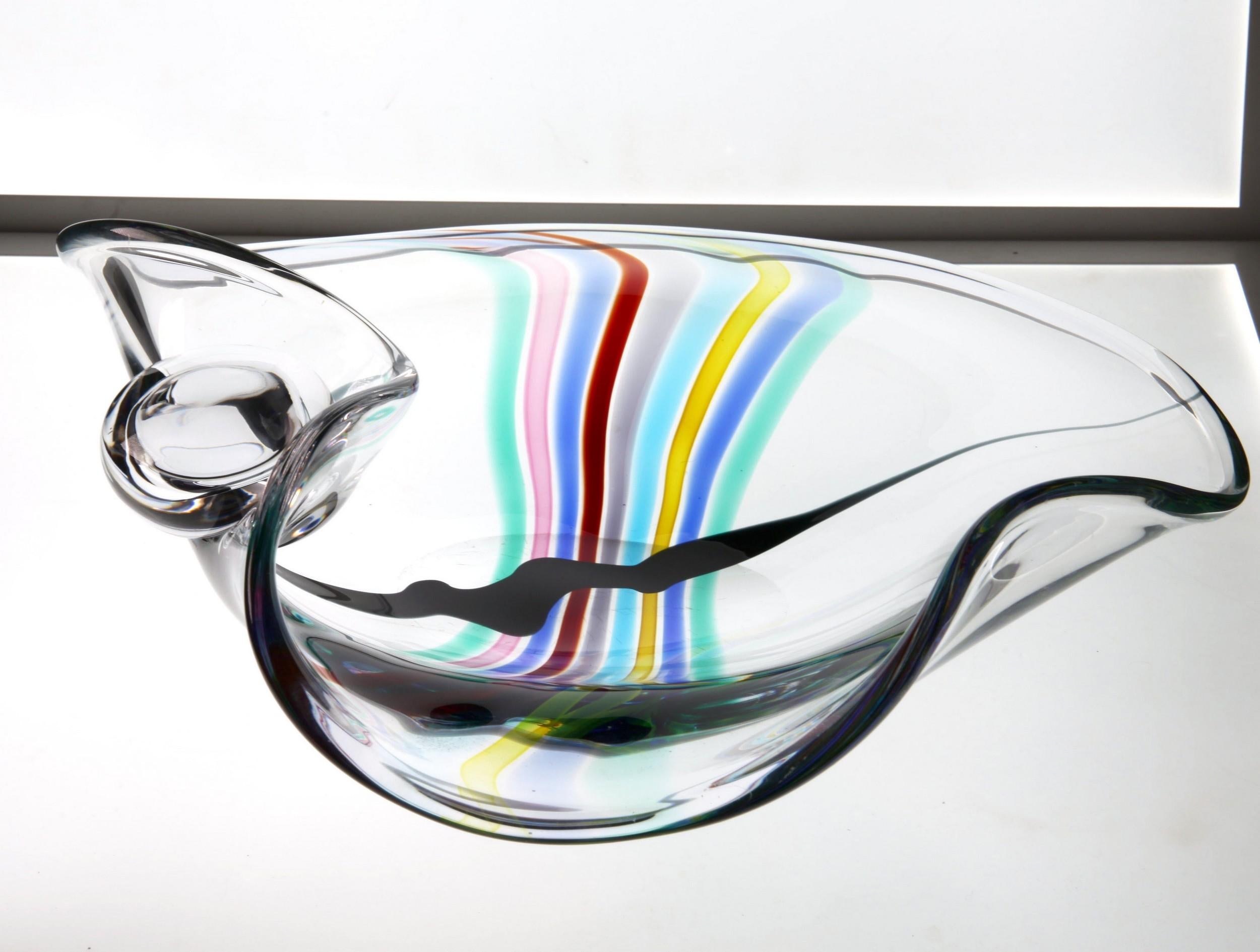 Livio Seguso, Heavy Murano Glass Bowl, Rainbow Design and Glass Orb, 80s Signed For Sale 7