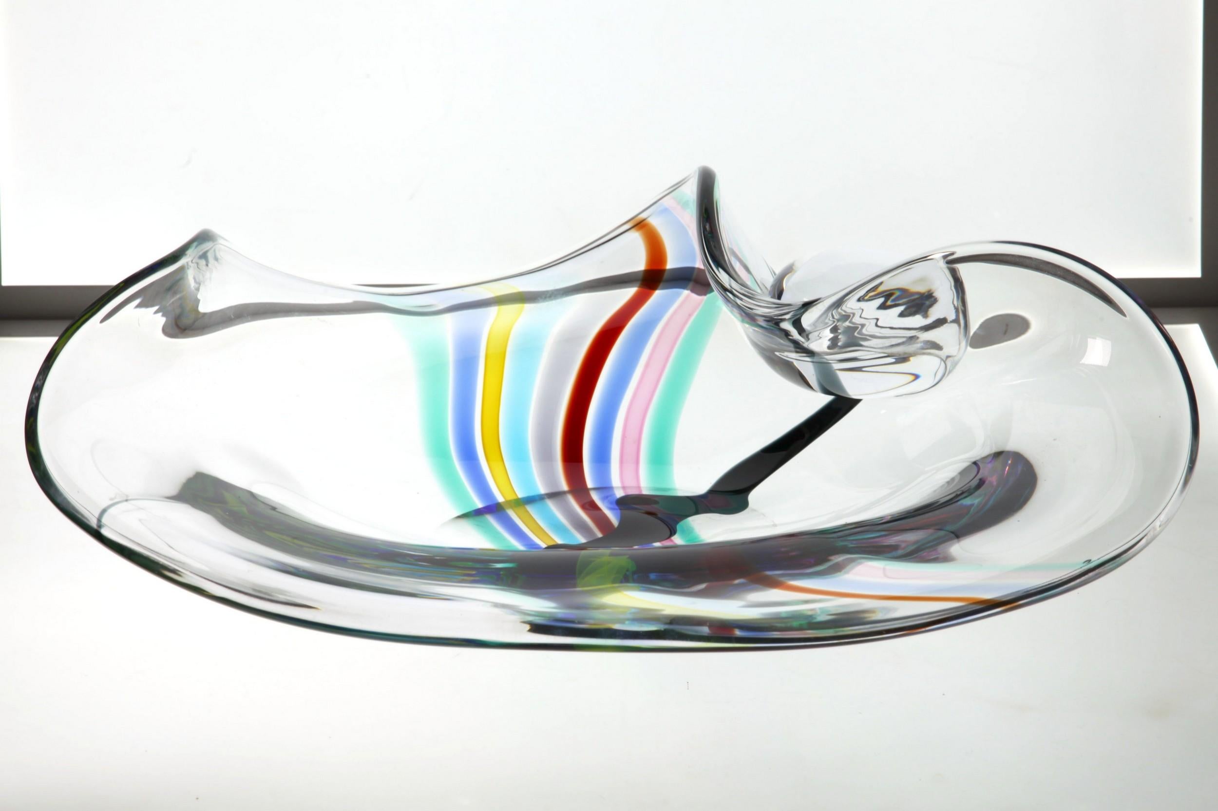 Livio Seguso, Heavy Murano Glass Bowl, Rainbow Design and Glass Orb, 80s Signed For Sale 9