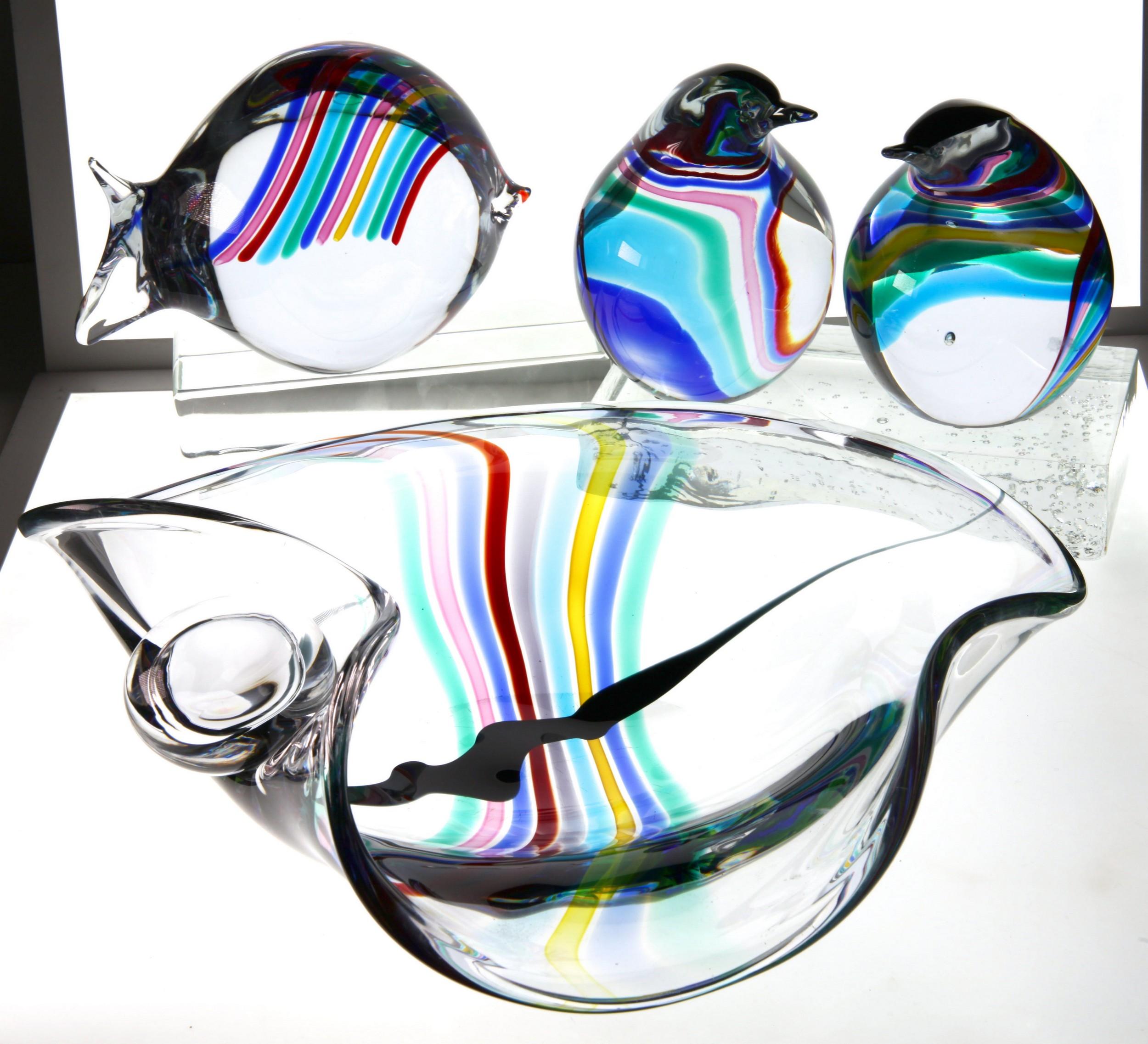 Livio Seguso, Heavy Murano Glass Bowl, Rainbow Design and Glass Orb, 80s Signed For Sale 12