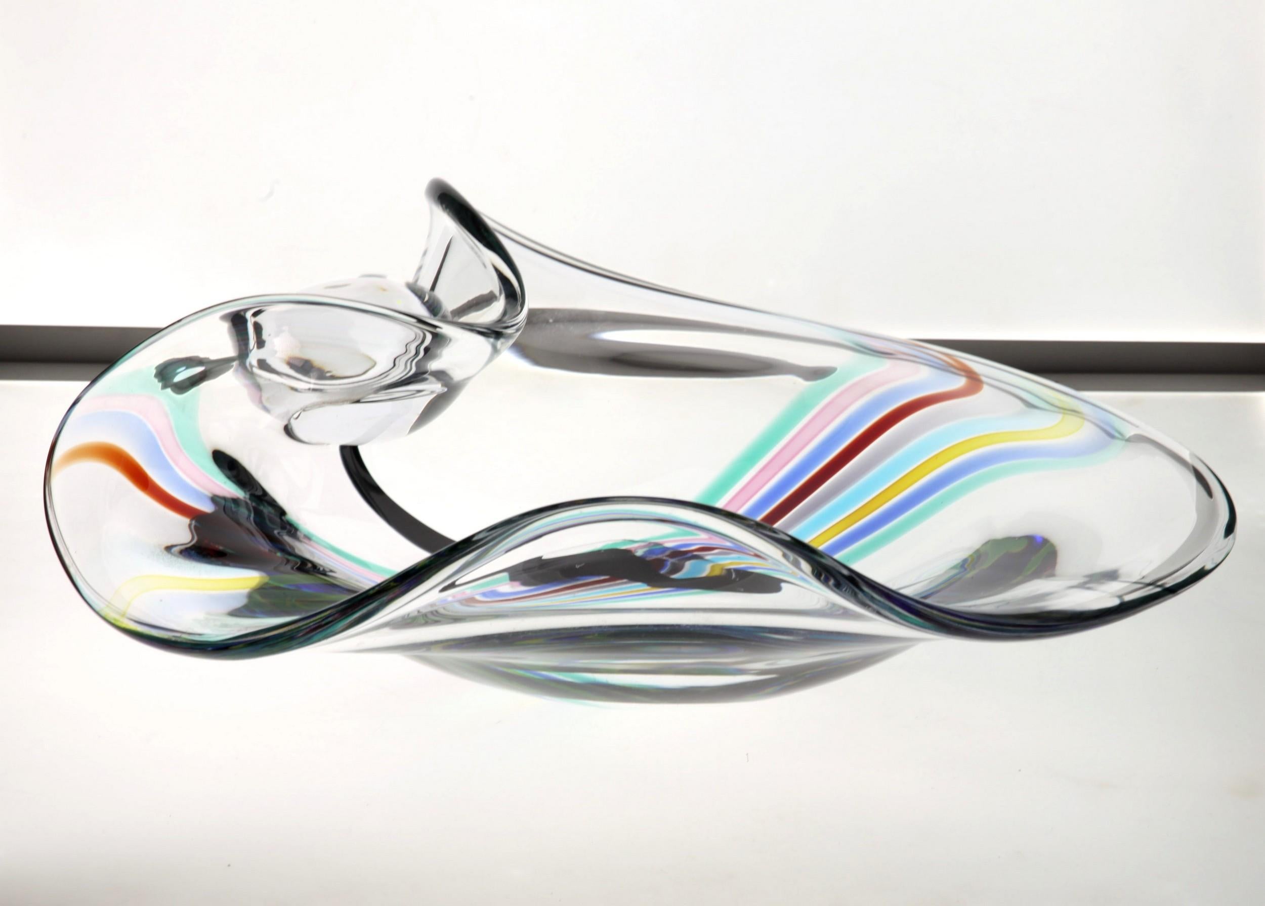 Mid-Century Modern Livio Seguso, Heavy Murano Glass Bowl, Rainbow Design and Glass Orb, 80s Signed For Sale