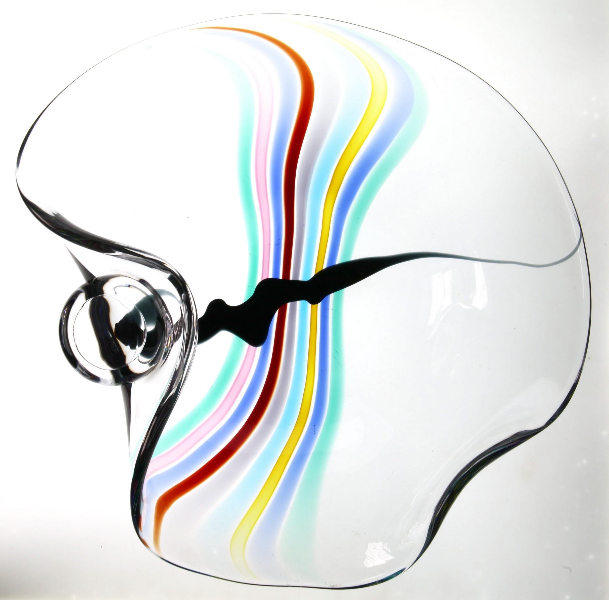 Art Glass Livio Seguso, Heavy Murano Glass Bowl, Rainbow Design and Glass Orb, 80s Signed For Sale