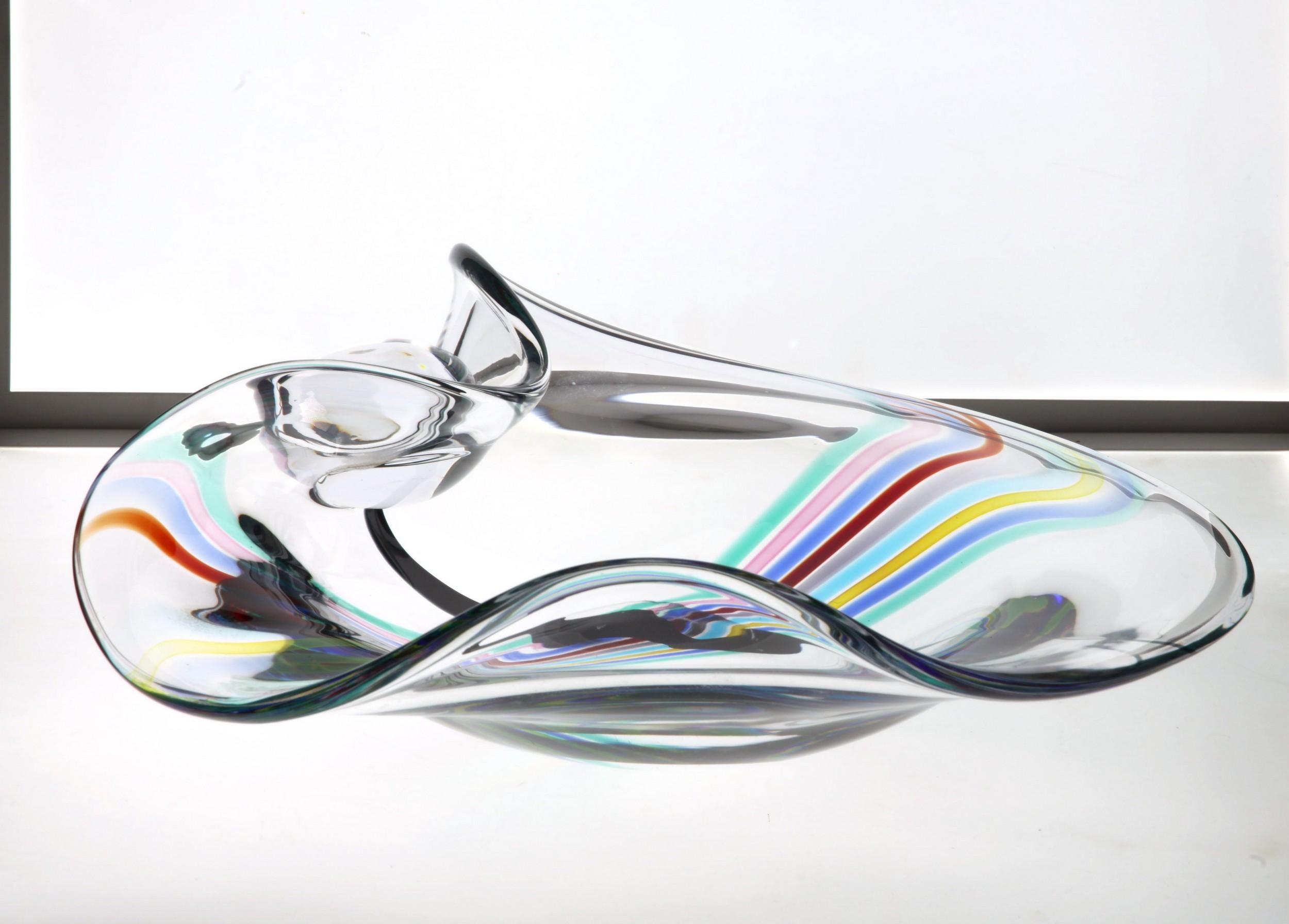 Livio Seguso, Heavy Murano Glass Bowl, Rainbow Design and Glass Orb, 80s Signed For Sale 1
