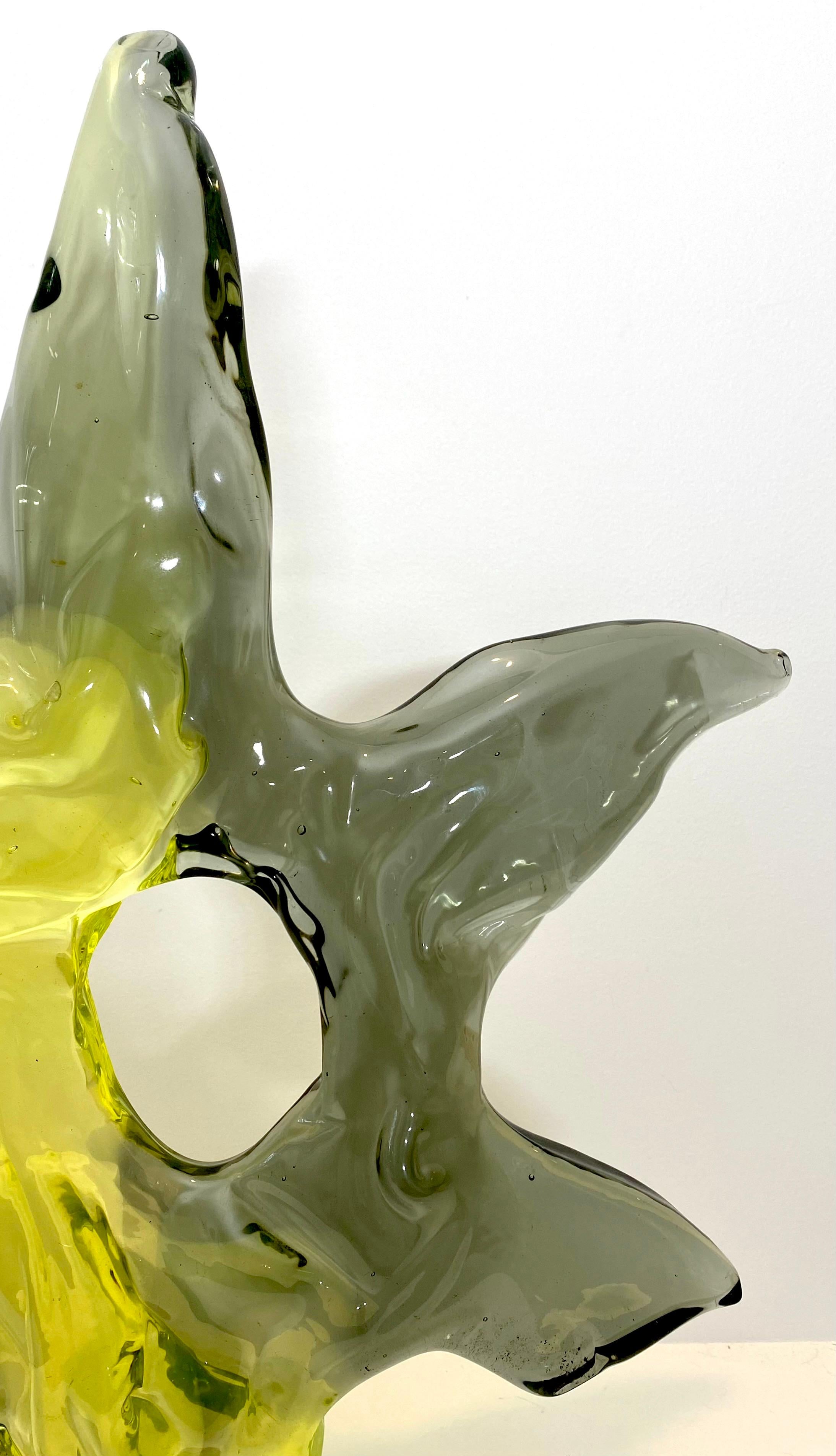 Stunning and amazing is this massive Livio Seguso two toned glass sculpture by Luciano Gaspari. Gaspari and Seguso often collaborated on Murano sculptures and this is a true masterpiece with twice the talent!
While the colors of this sculpture