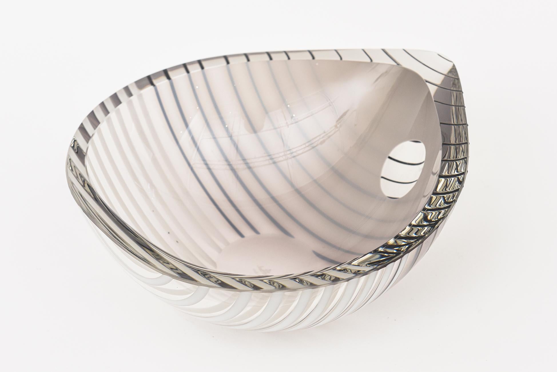 Livio Seguso Murano Ribbed Textural LInes of Gray White Black Glass Bowl Vintage For Sale 5