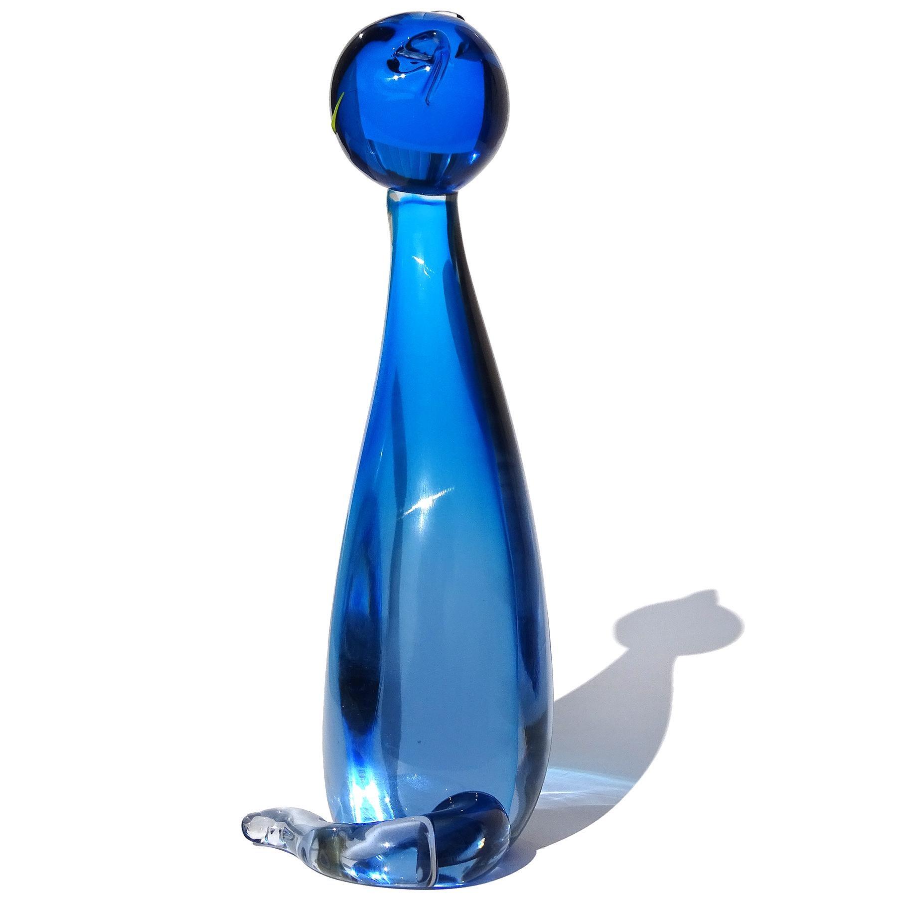 Hand-Crafted Livio Seguso Murano Sommerso Blue Italian Art Glass Kitty Cat Figure Sculpture