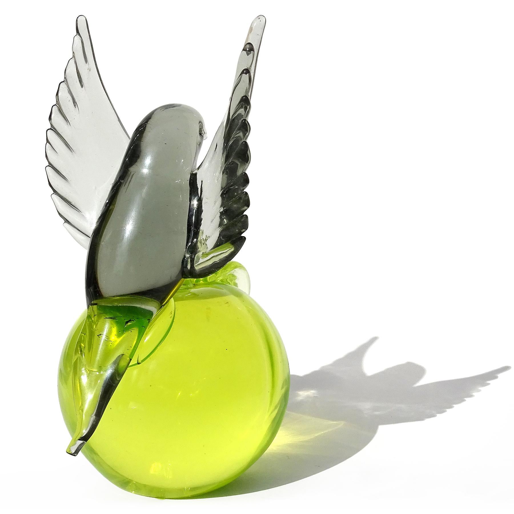 Hand-Crafted Livio Seguso Murano Sommerso Uranium Apple Gray Bird Italian Art Glass Sculpture For Sale