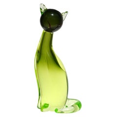 Livio Seguso Murano Glass Sommerso Uranium Green Scultura di gatto in vetro d'arte italiana