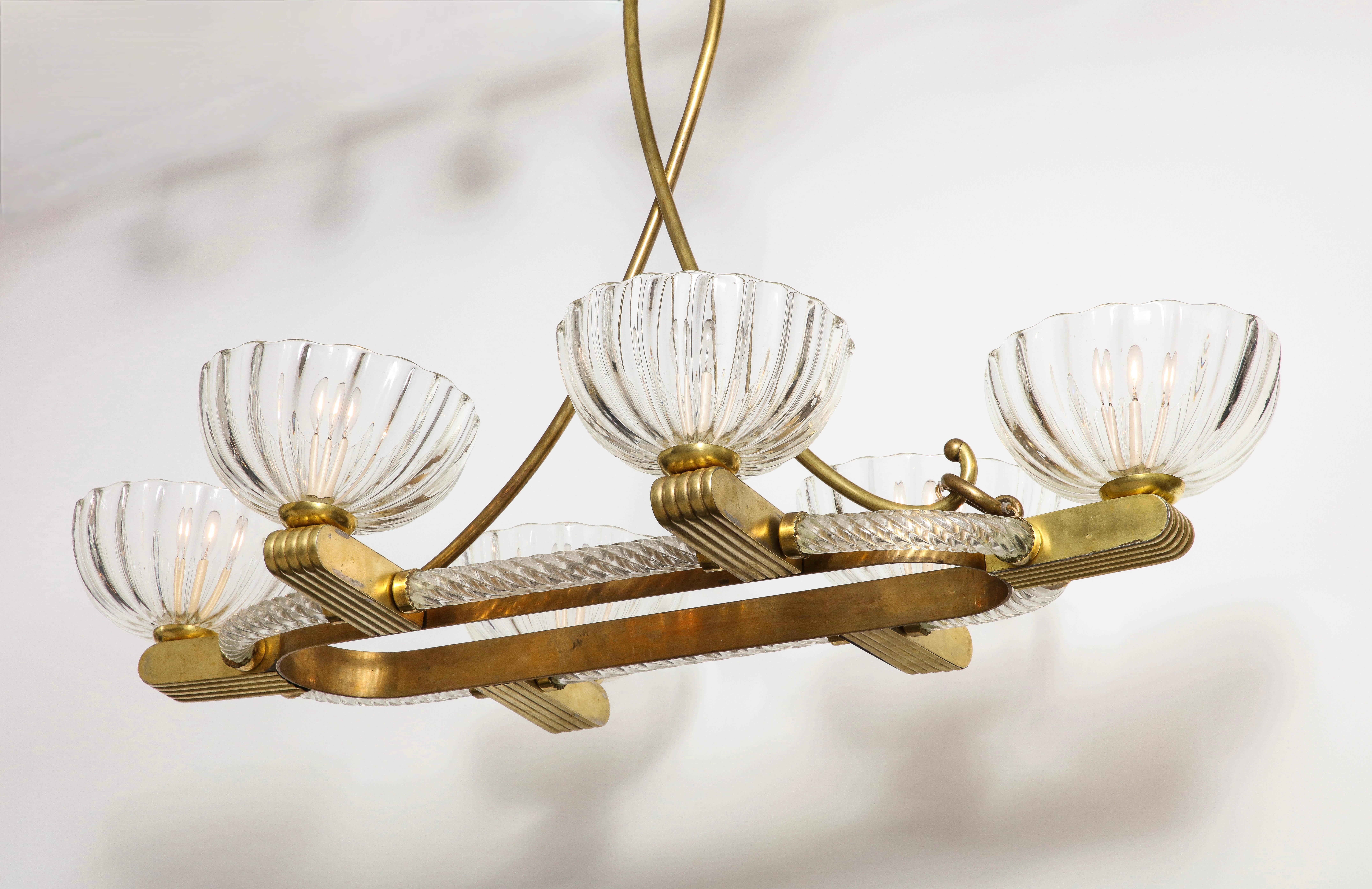 Livio Seguso Oval Mid-Century Six- Light Murano Glass and Brass Chandelier 5