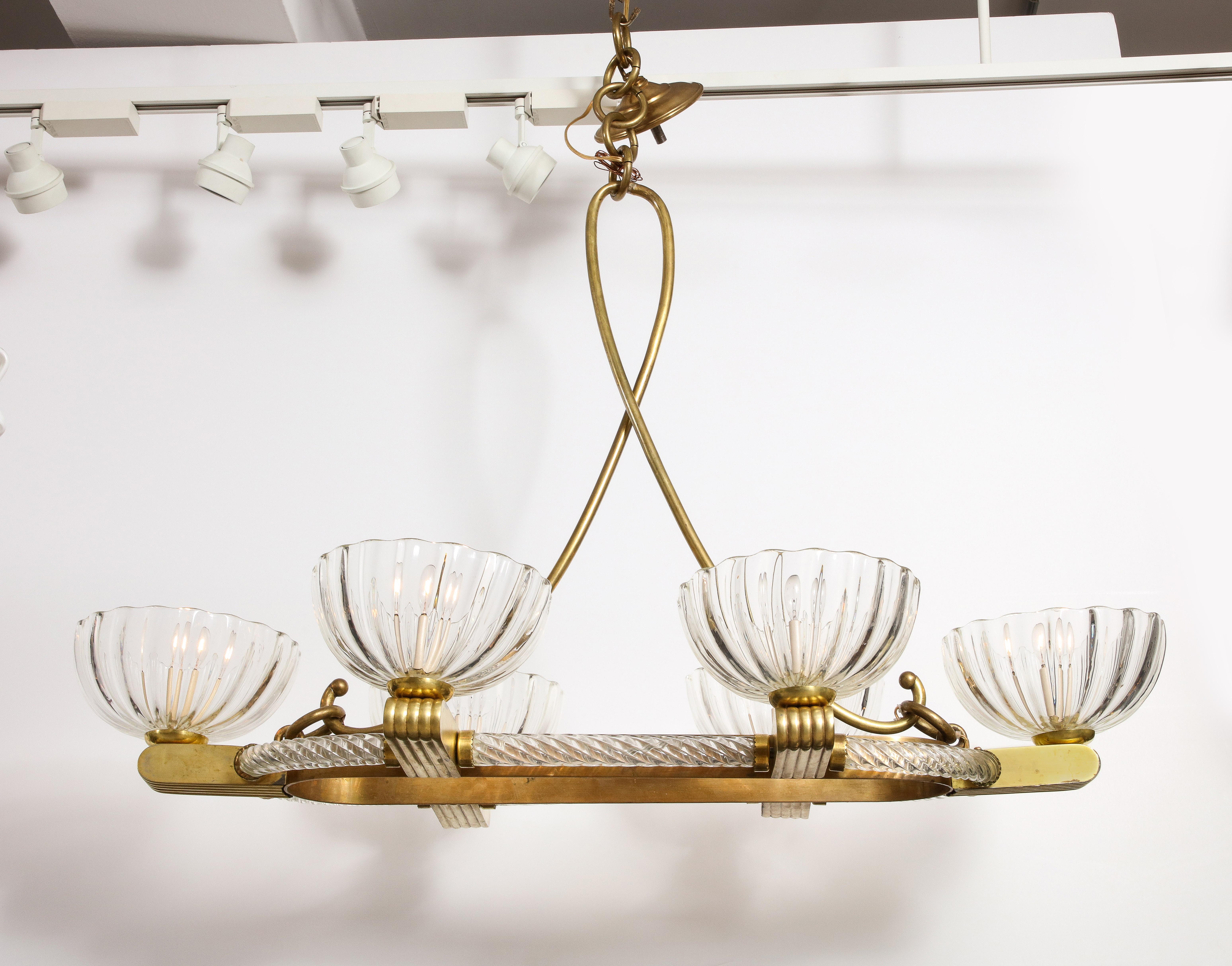 Mid-Century Modern Livio Seguso Oval Mid-Century Six- Light Murano Glass and Brass Chandelier