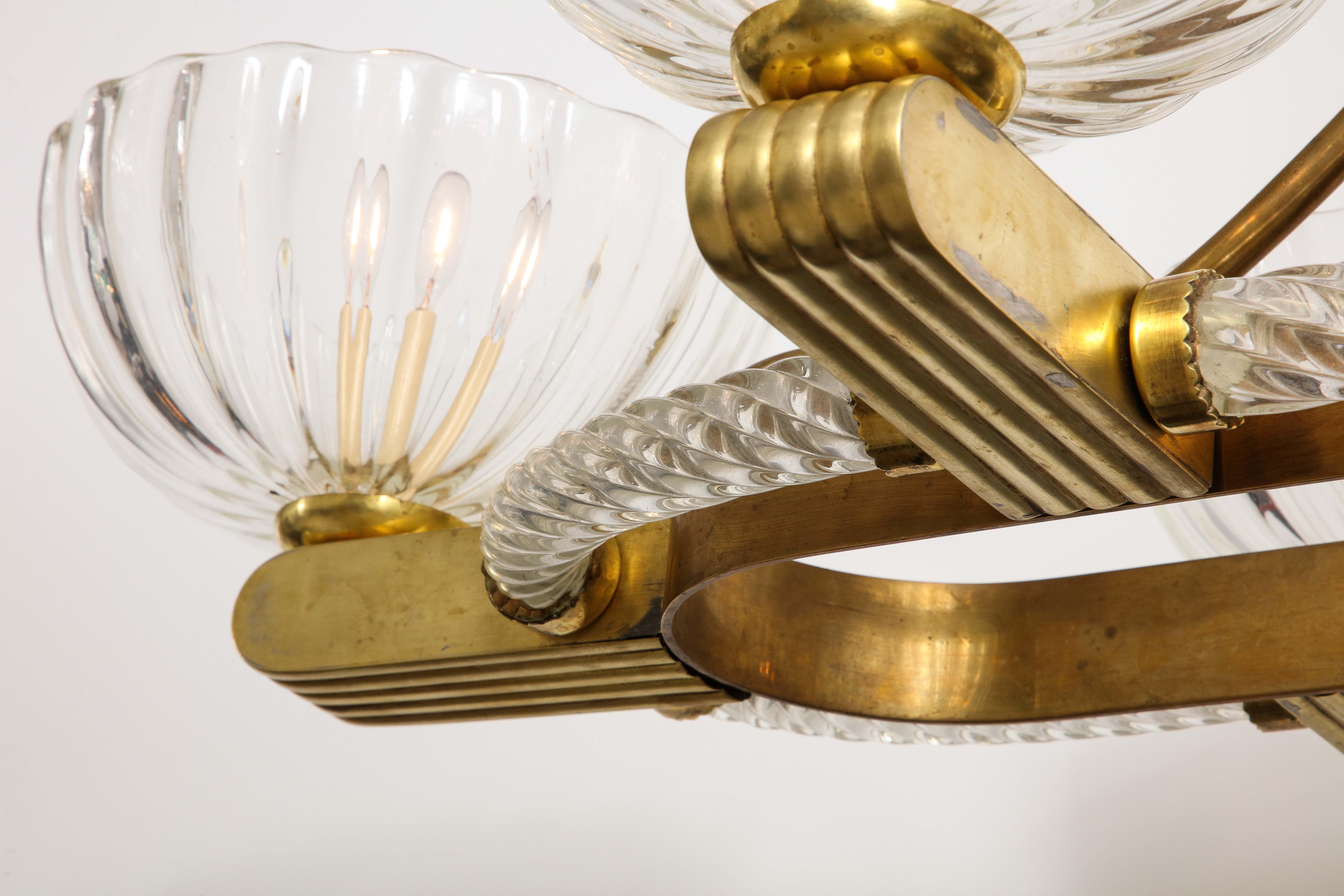 Livio Seguso Oval Mid-Century Six- Light Murano Glass and Brass Chandelier 1