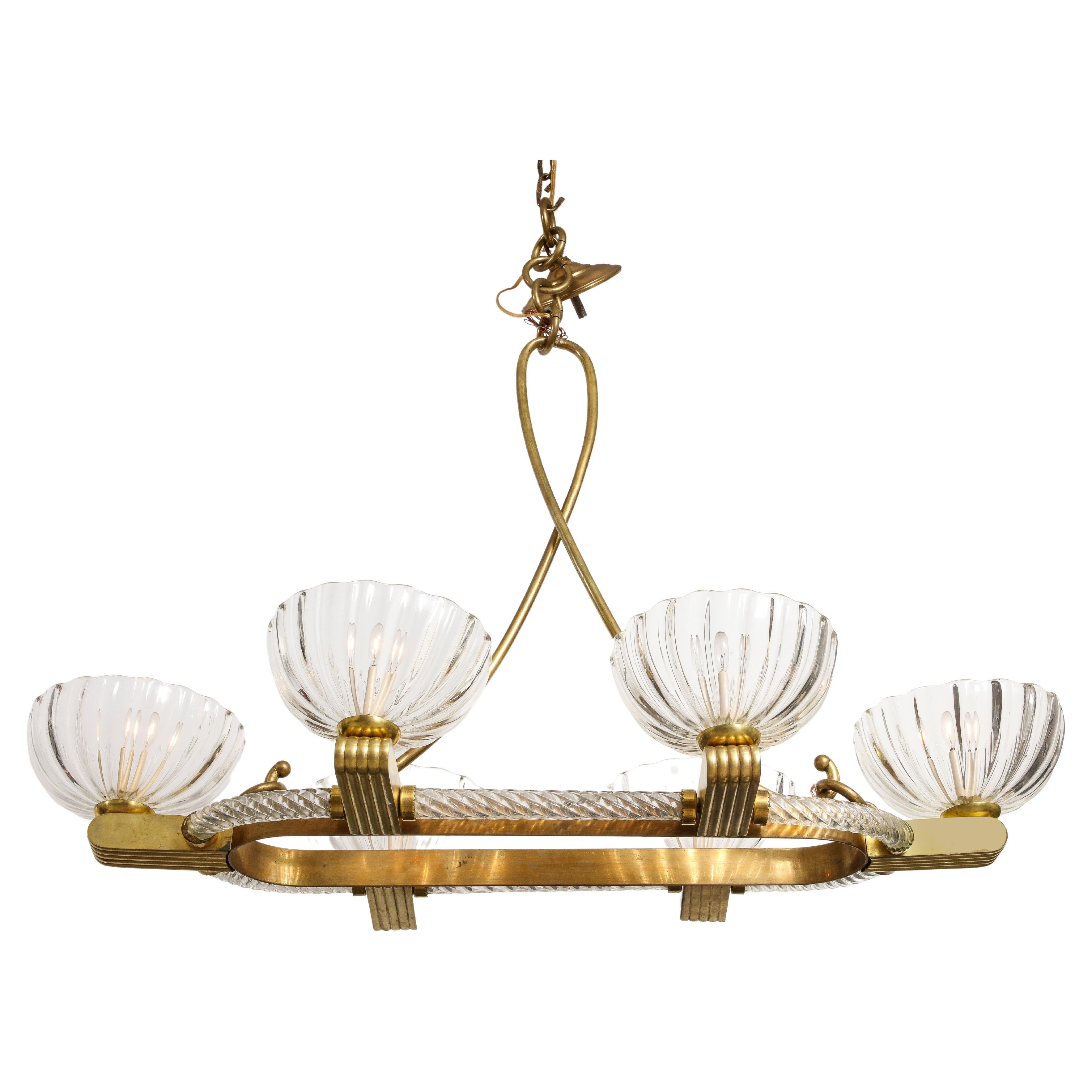 Livio Seguso Oval Mid-Century Six- Light Murano Glass and Brass Chandelier