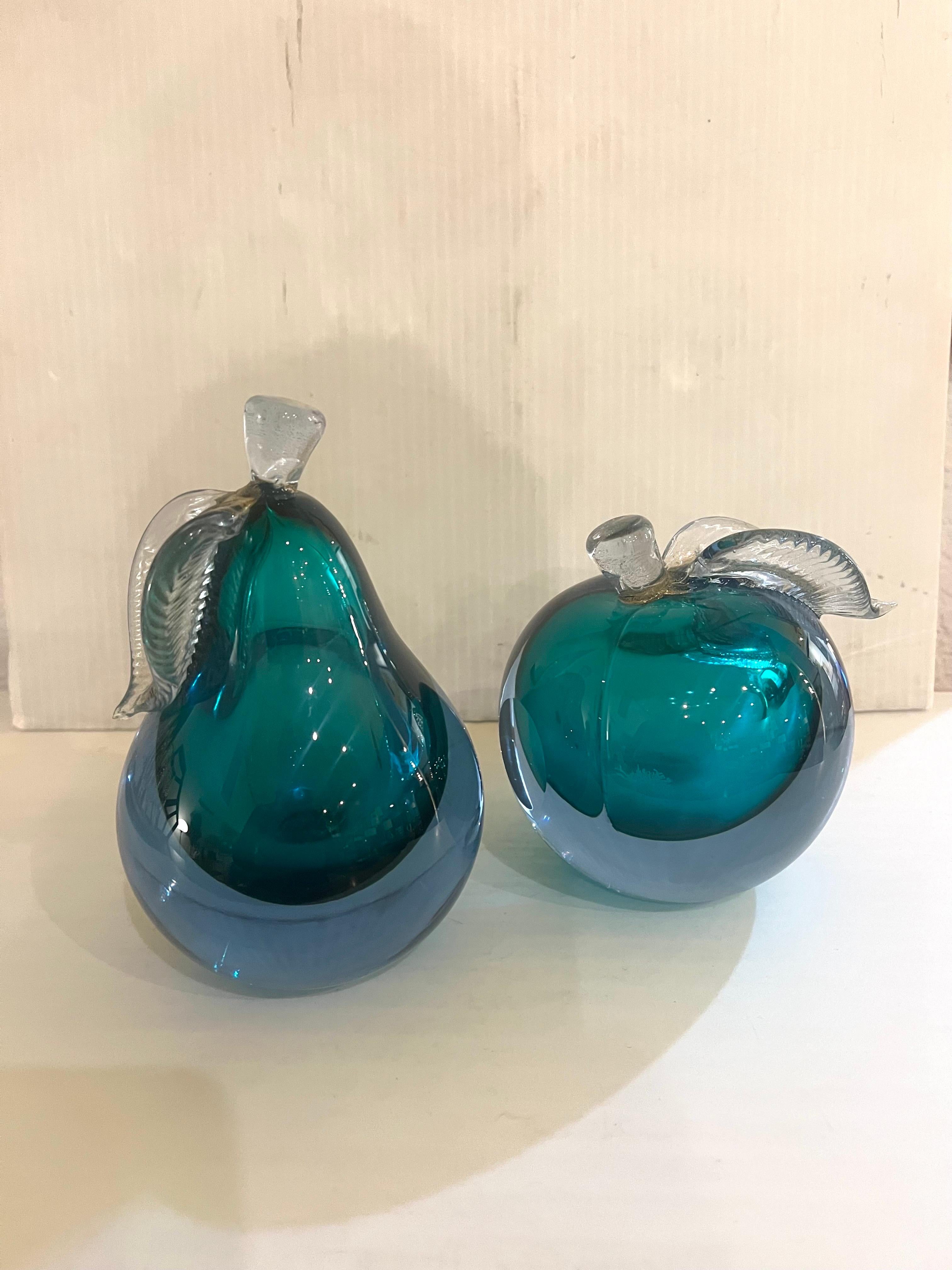 Blown Glass Livio Seguso Venetian Murano Italy Art Glass Apple and Pear Bookends Sculptures For Sale