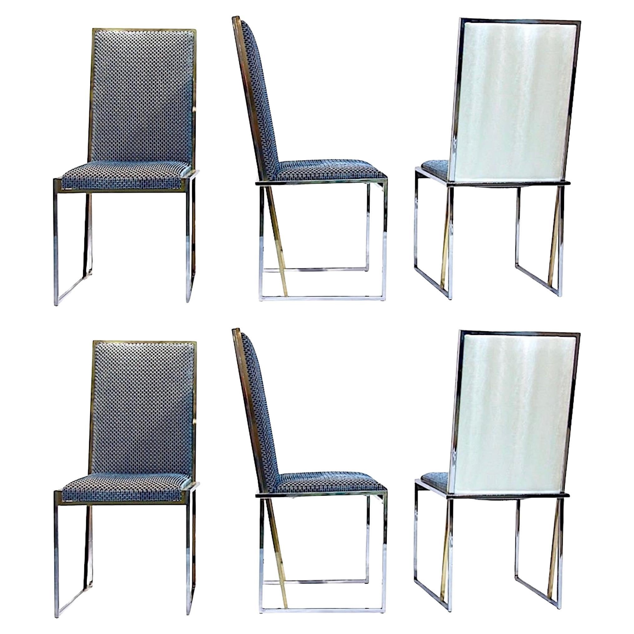 Liwan's 1970er Jahre Italienische 6 moderne Stühle aus blauem und satiniertem weißem Stoff, Messing und Chrom im Angebot