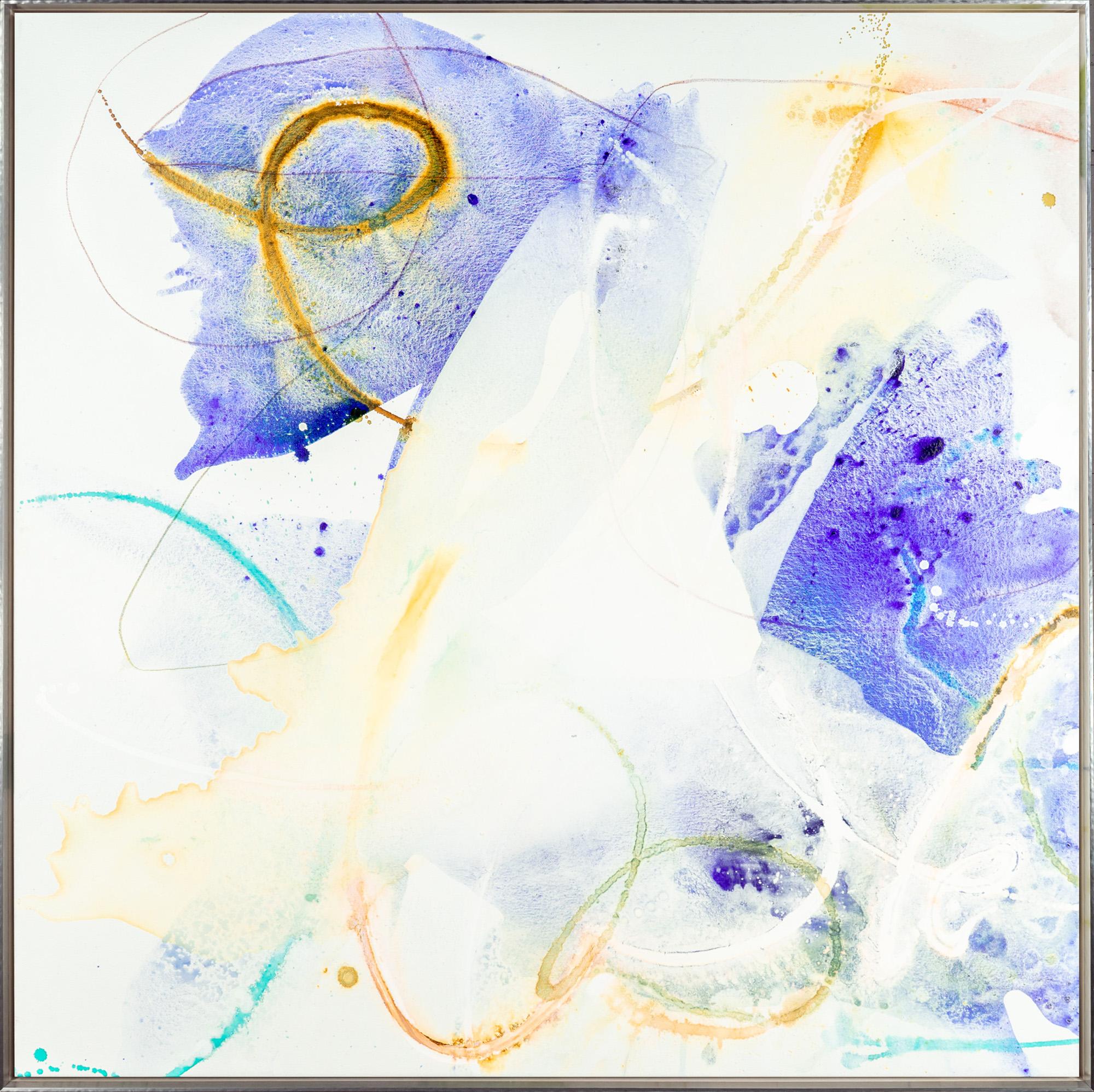 "Blue Blooms 7-I" Contemporary Abstract Mixed Media on Canvas Framed Painting - Mixed Media Art by Liz Barber