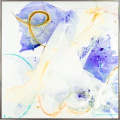 "Blue Blooms 7-I" Peinture contemporaine abstraite mixed media sur toile encadrée