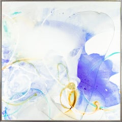 "Blue Blooms 7-II" Contemporary Abstract Mixed Media on Canvas Framed Painting