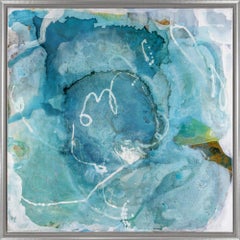 "Ocean Rose 3" Contemporary Abstract Blues Framed Mixed Media on Canvas Painting