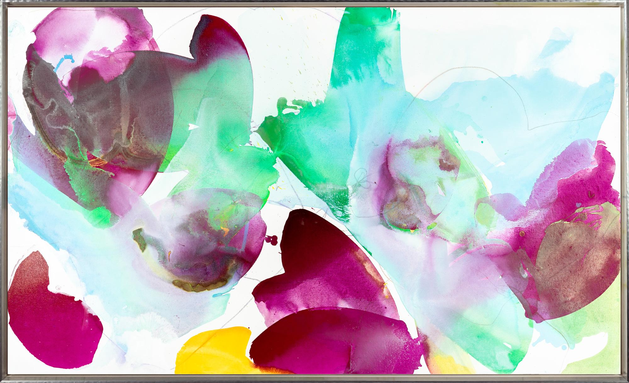"Spring Tulips 3" Peinture contemporaine abstraite mixed media sur toile encadrée - Mixed Media Art de Liz Barber