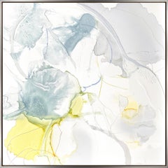 "White Tulips" Abstract Mixed Media with Blue, Gray and Yellow Movement