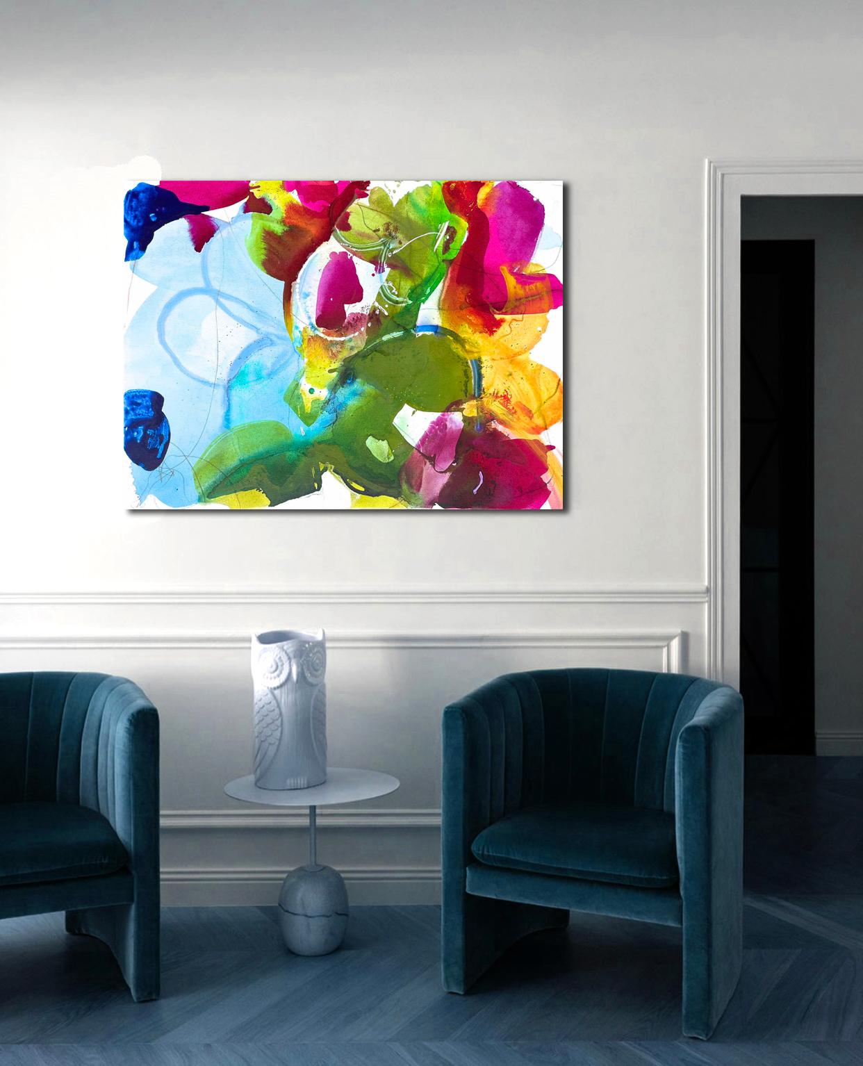 Bright Blooms 4, abstract painting on canvas, textured with bright colors, pinks - Painting by Liz Barber