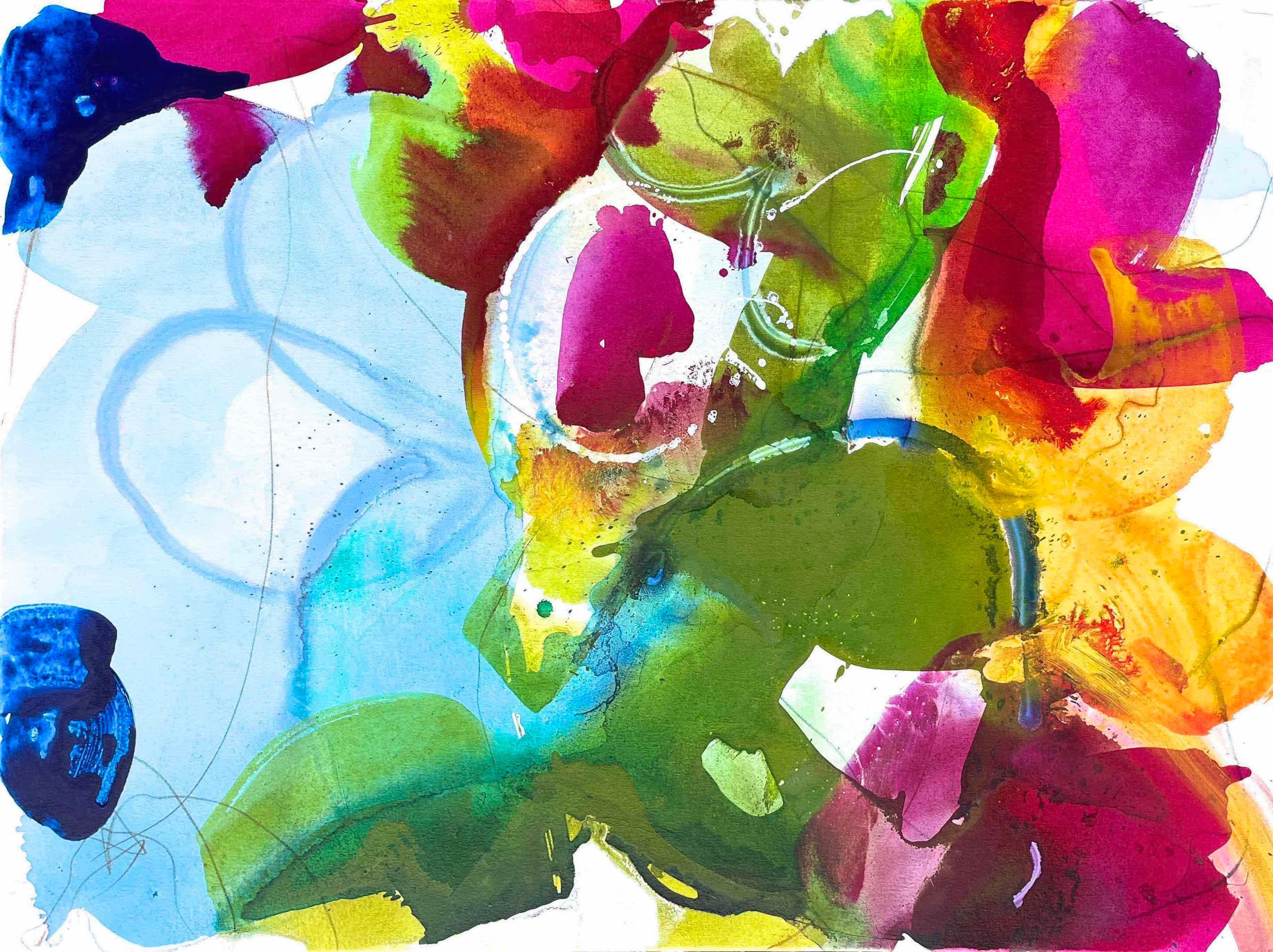 Bright Blooms 4, peinture abstraite sur toile, texturée avec des couleurs vives, roses