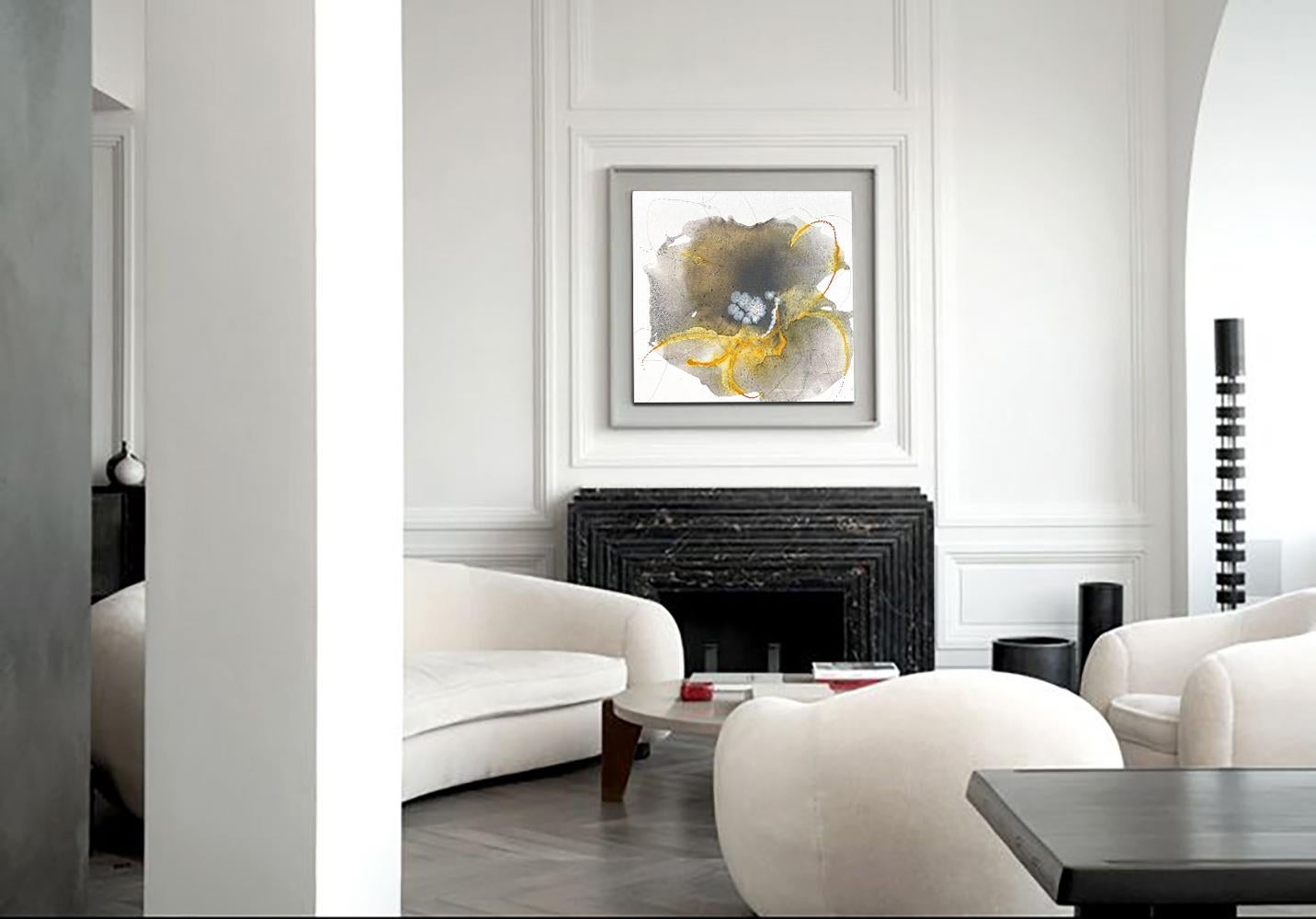 Buttercup 4, abstract yellow and gray painting on canvas of beautiful flower For Sale 3